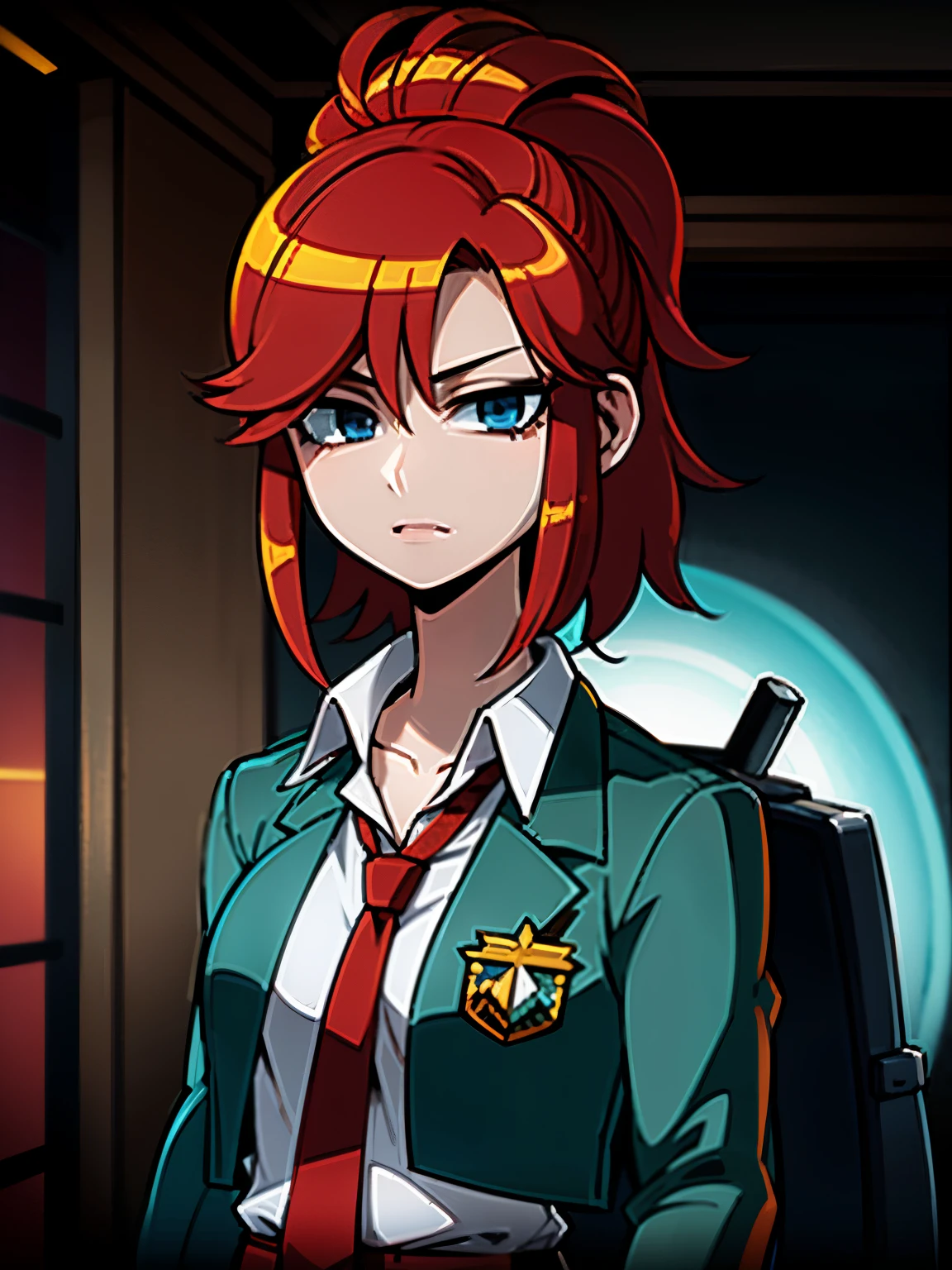 there is a woman with red hair and a blue jacket, Retrato de Alyssa hamilton, clock tower 3, , a hyperRealista , hyperRealista , portrait of Asuka Langley soryu, Realista , Asuka Langley, Asuka Langley sohryu, Asuka Langley soryu, arte oficial do personagem, Captura de tela do videogame 2020, April rendering