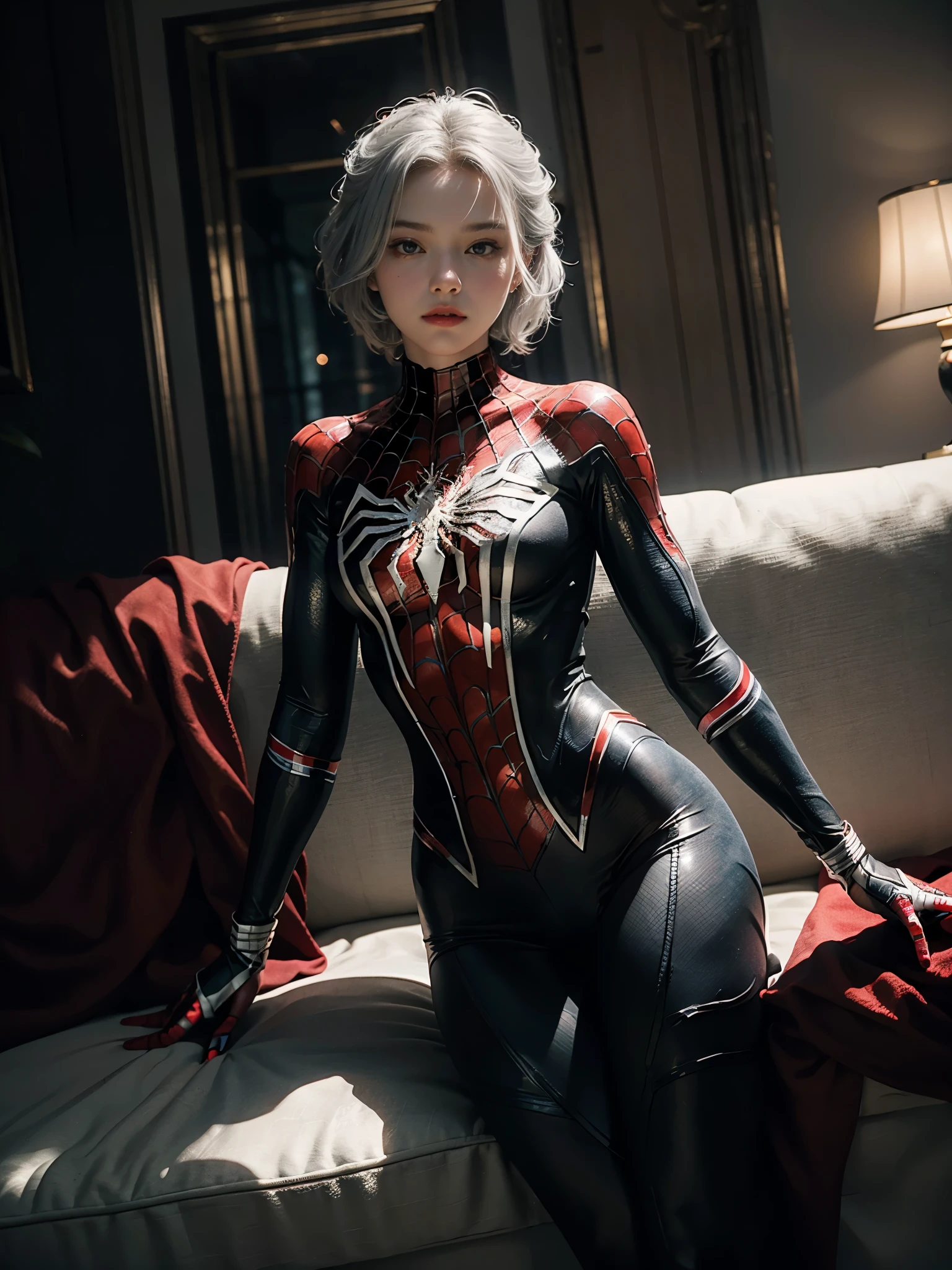 (Extremely detailed CG Unity 8K wallpaper, masterpiece, best quality), (Exquisite light and shadow, Very dramatic picture, Lens effects), a girl in a white spiderman costume, silver gray hair color, from the spiderman parallel universe, Wenger, Miracle, spiderman, Sitting on the sofa, dynamic poses), (Excellent details, Excellent lighting, wide angle), (Excellent rendering, Enough to stand out among similar products), focus on white 侠 costumes, complex texture