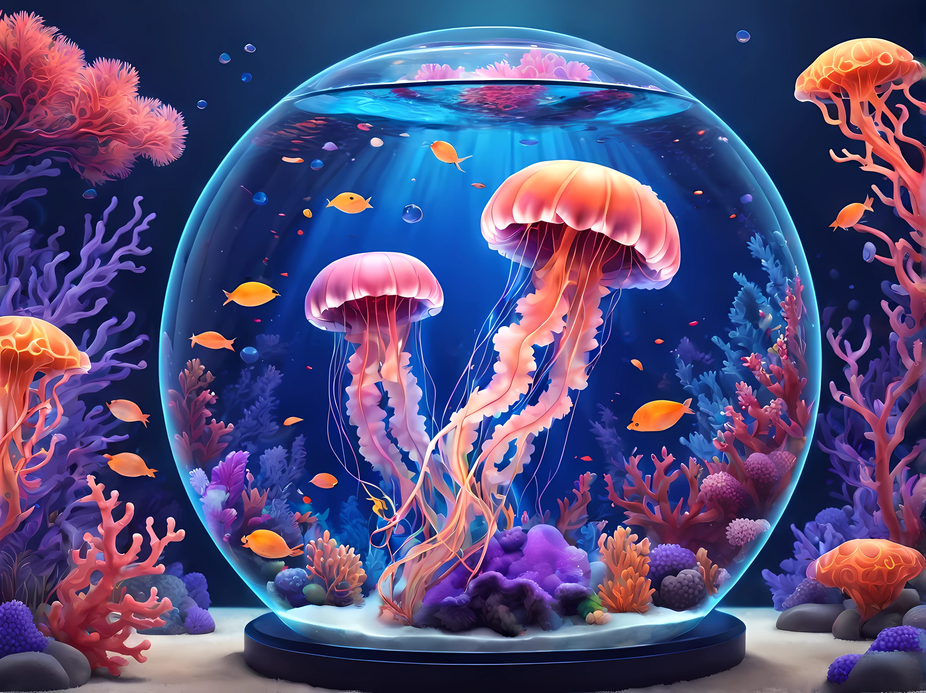 (2D colorful anime style of a silver coin), full shot from above, (majestic glowing jellyfish:1.3), on an elegant golden coin, marine details, (((ice rime)))
