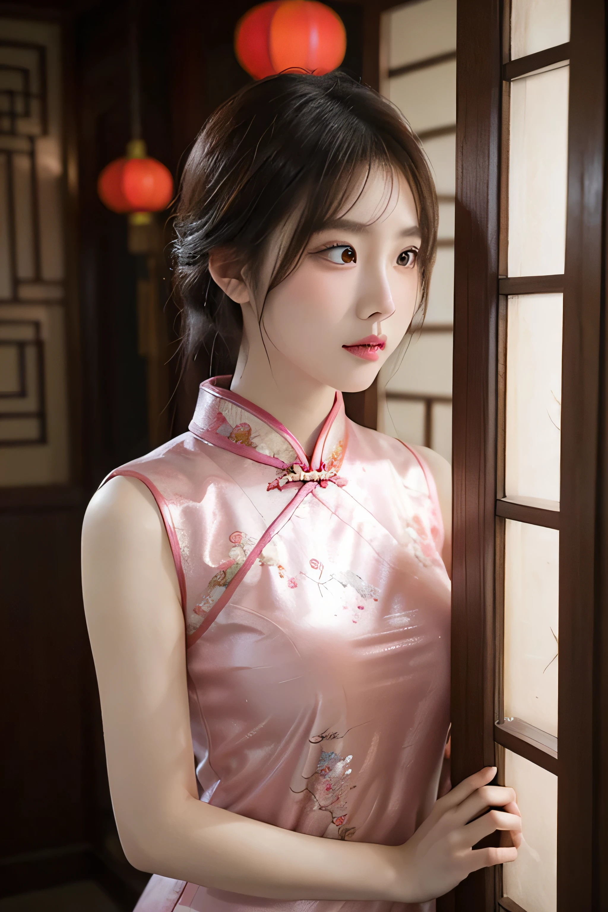 Stable diffusion generates images，women&#39;s pink cheongsam，Raise your head，The body has Chinese style decoration。Indoor Chinese style decoration，The background is the atmosphere of the night，Full of retro feel。She missed her lover deeply，Sadness enveloped her heart，medium sized breasts，sleeveless，open chest