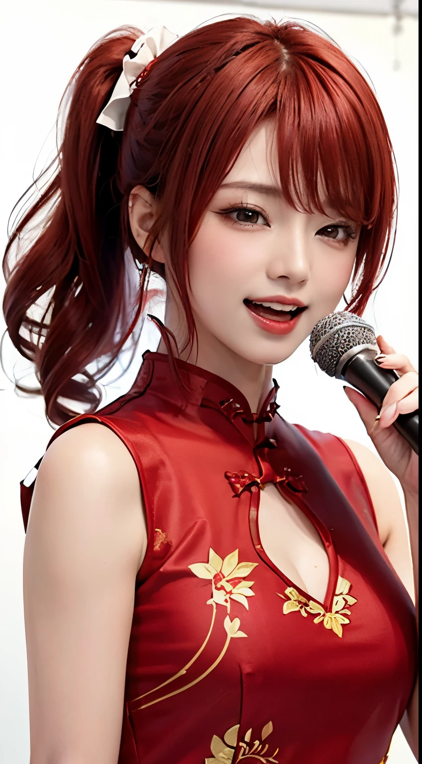 (((red cheongsam、beautiful woman、Red hair、Hairstyle is side ponytail、Singing、I have a microphone、)))、(((The background is a pure white wall)))、bust shot、smile、I'm closing my eyes、楽しそうにSinging