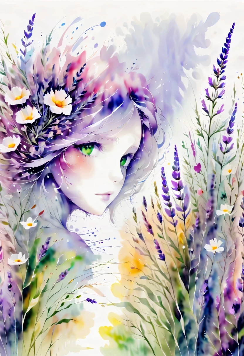 (masterpiece, best quality:1.2), Watercolor flower paintings present a delicate and refreshing visual effect. Wildflower and lavender fields,The perfect combination of nature and romance. The screen is ted by a white background, Highlight isolated watercolor flower. Splash technology recreates wet conditions, Create a hazy and dreamy atmosphere. The unique composition and abstract expression add an artistic touch to the picture, Contains elements of surrealism. The overall color tone is mainly light colors, Light purple and green complement each other, Show high-resolution details. The splash effect adds a dynamic feel to the image, The light color gives the flowers a deep and restrained beauty.