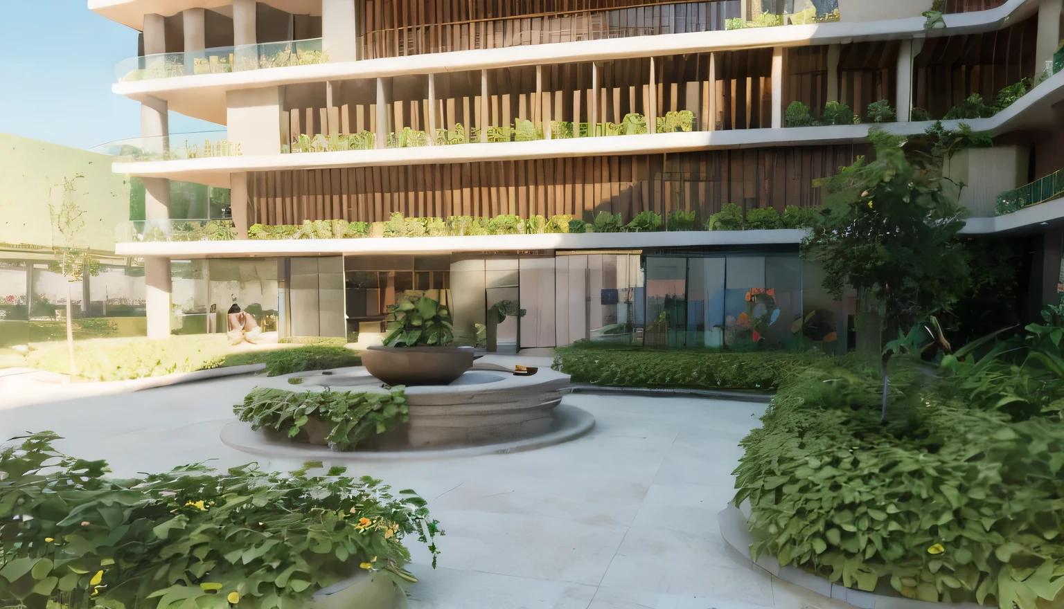 a representation of a courtyard with bench and plants and people, bicicletas, mantra rendering, grande angular exterior 2022, professional rendering, architectural rendering, award-winning rendering, green terrace, landscape rendering, renderizar coroa, architectural visualization, centre image, architectural 3D rendering, high quality rendering, architectural renderinging, low angle dimetric rendering, digital rendering, architectural visualization