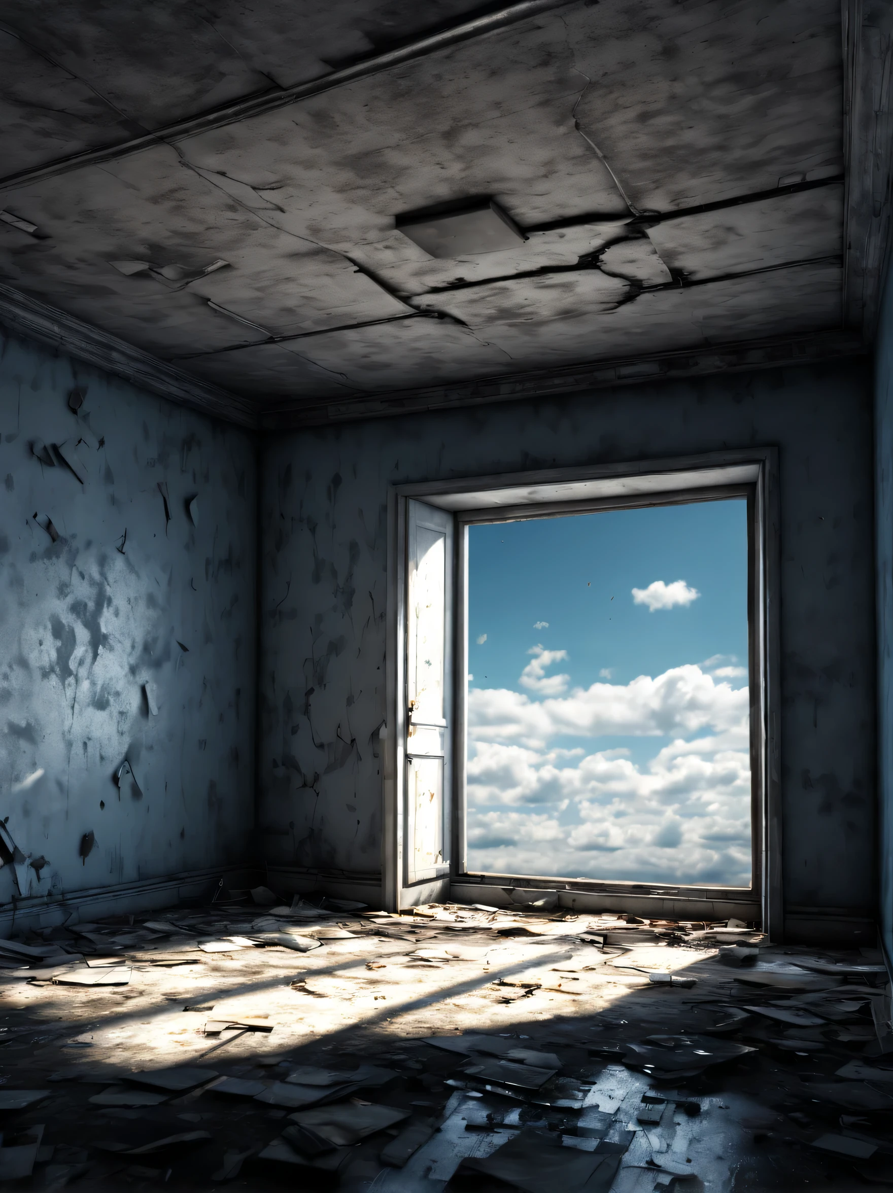 a hyper-realistic bizarre nonsense  is in the apartment looking around and with the sky is penetrating embbeded inside the apartment, abandoned surreal background embbeded in the image, Super-detailed, Ultra-realistic, Studio Quality, 48k / HD, High Contrast, hyper Realistic Shadows, octane Rendering, Sharp Focus