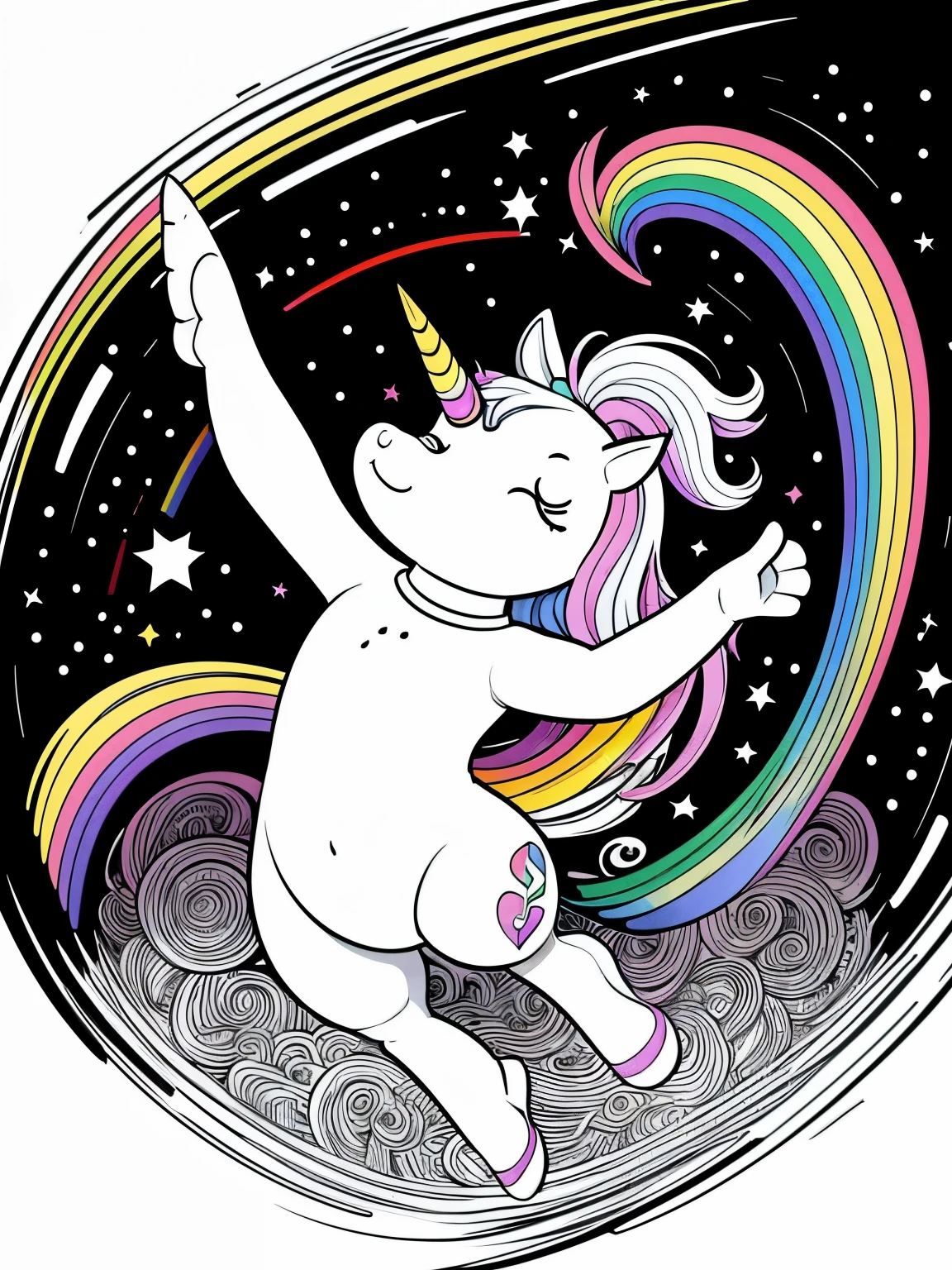 stress-free coloring book, A group of unicorns dancing under a bright rainbow, cartoon style, thick lines, low detail, black and white, no color, no shading, completely white background, just lines, cute scene