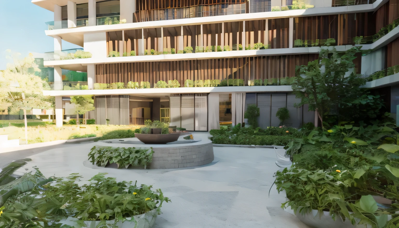 a representation of a courtyard with bench and plants and people, bicicletas, mantra rendering, grande angular exterior 2022, professional rendering, architectural rendering, award-winning rendering, green terrace, landscape rendering, renderizar coroa, architectural visualization, centre image, architectural 3D rendering, high quality rendering, architectural renderinging, low angle dimetric rendering, digital rendering, architectural visualization