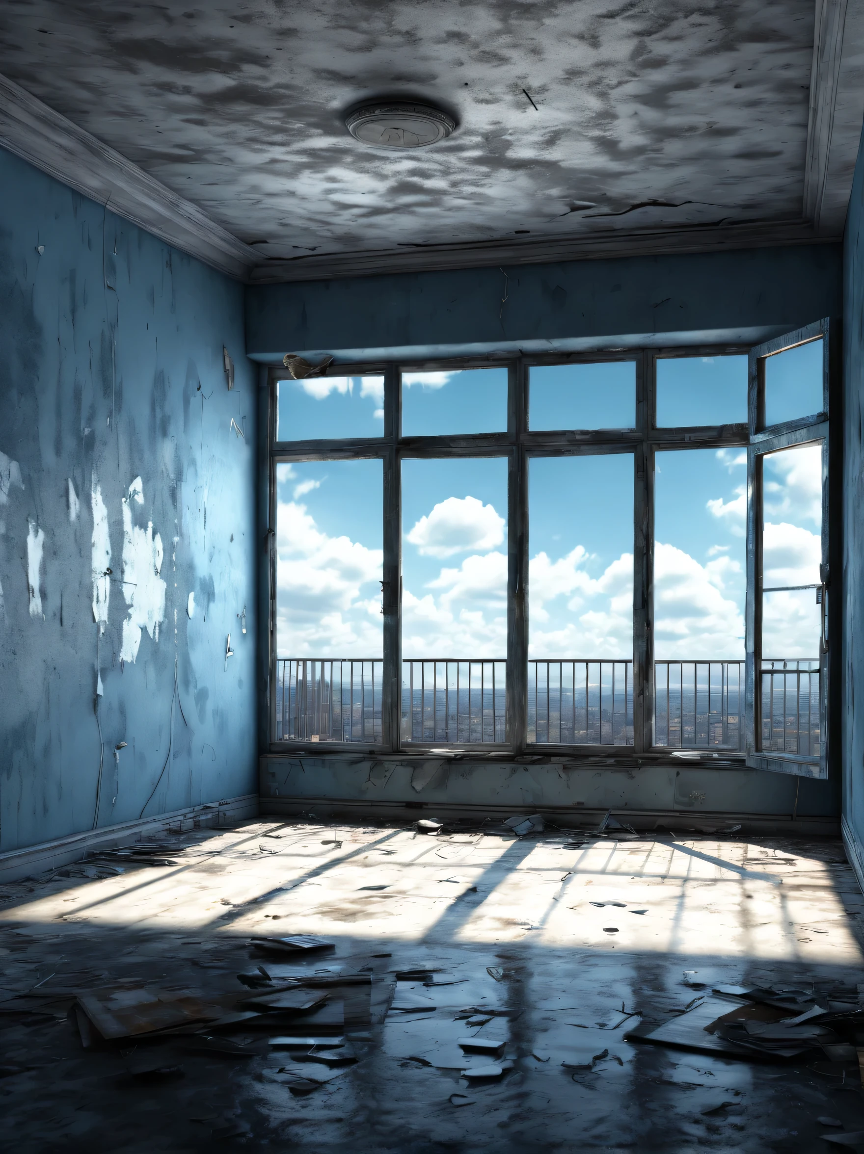 a hyper-realistic bizarre nonsense  is in the apartment looking around and with the sky is penetrating embbeded inside the apartment, abandoned surreal background embbeded in the image, Super-detailed, Ultra-realistic, Studio Quality, 48k / HD, High Contrast, hyper Realistic Shadows, octane Rendering, Sharp Focus