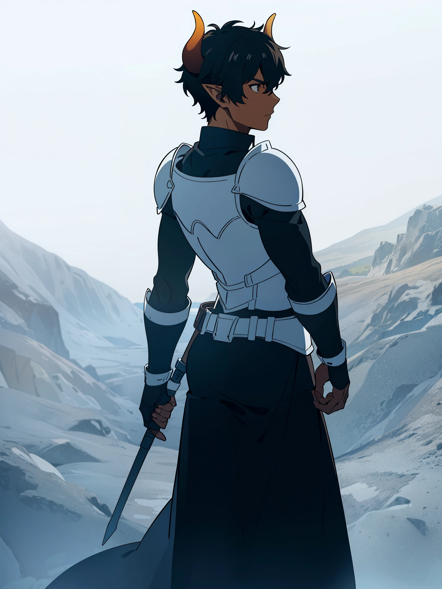 1boy,20 years,solo,serious,((dark skin)),black hair,elf ears,short hair,(horns),(((white background))),((knight armor)),from back,from above,cowboy shot,looking to the view