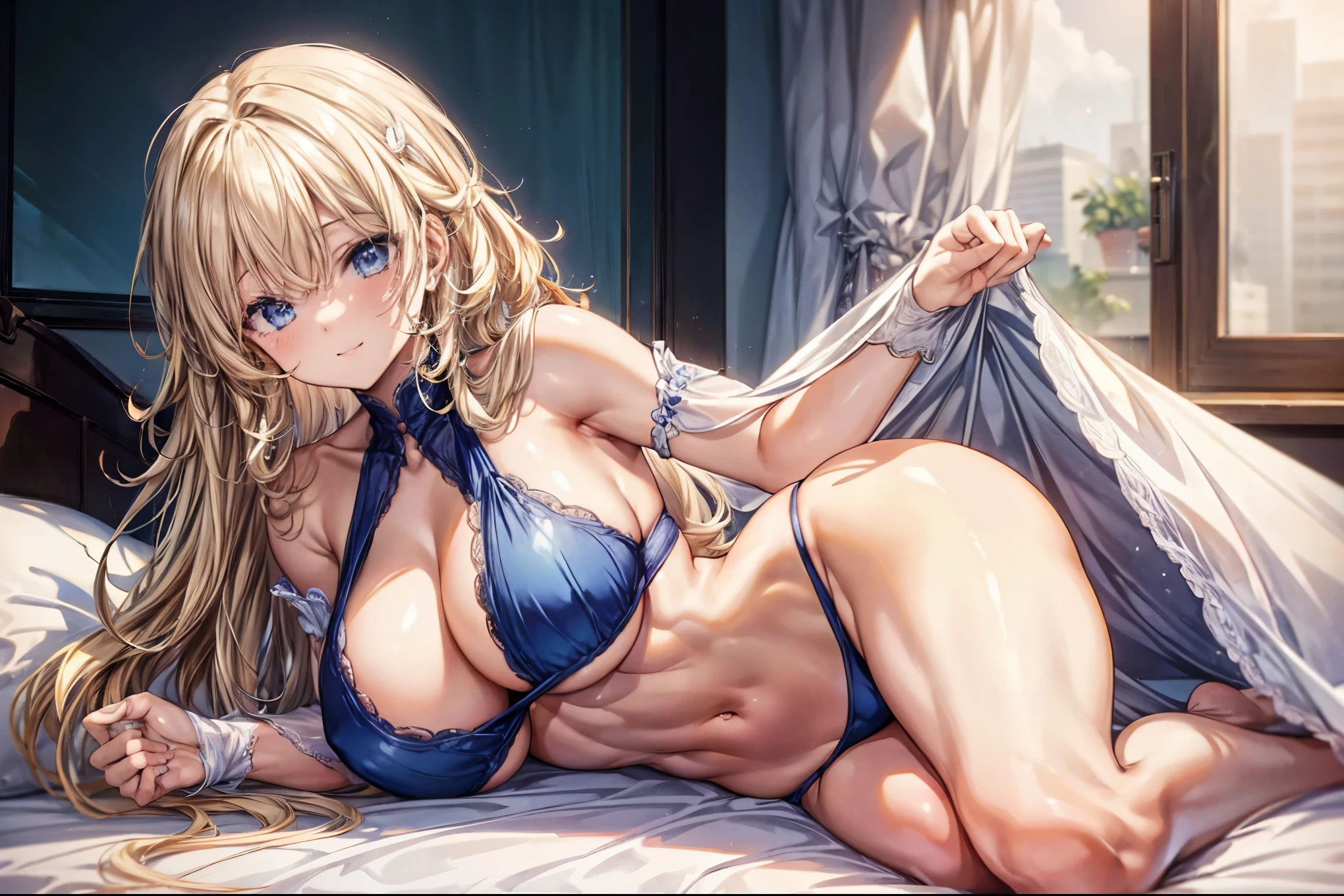 sensual, ((long blonde curly hair)), thick thighs, 8K, 4K, highest quality, High resolution:1.2), cute anime face, noise reduction, ((shining blue eyes, gentle smile, kind eyes))、toned abdominal muscles, muscular arms, muscular legs,  young face, anime eyes, (((big breasts、Breasts that are about to burst)))、(((whole body)))、wearing a thong、lie down on the bed