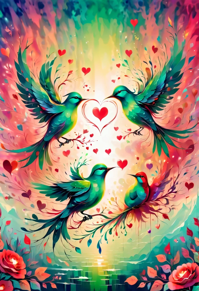 Psychedelic Psychedelic Artwork,Colorful birds and hearts, core style, distorted image form, deep emerald green and crimson, I can'able'Can't believe how beautiful this is, precisionist lines, Fusion elements of reality and fantasy, Psychedelic pattern