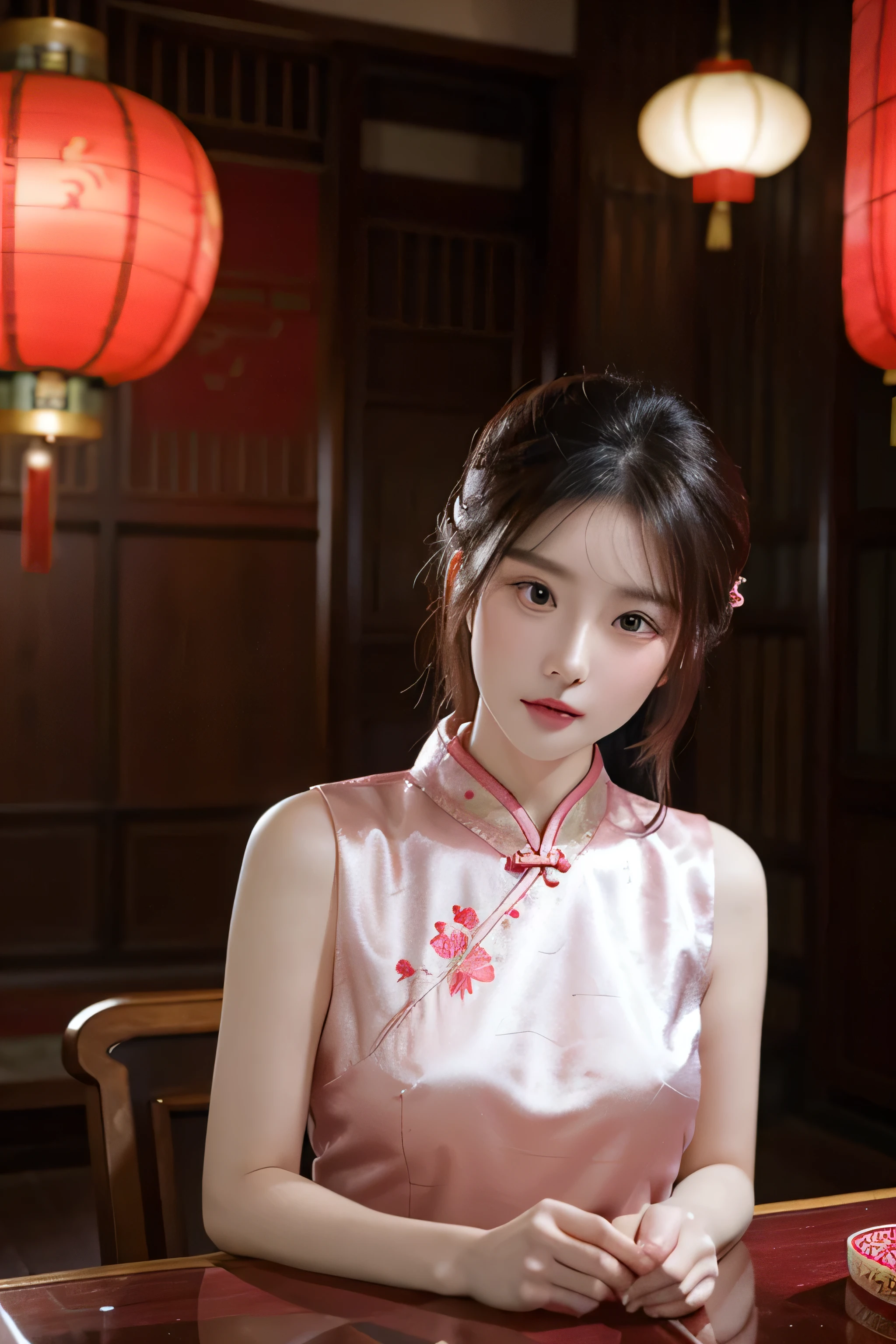 Stable diffusion generates images，women&#39;s pink cheongsam，Raise your head，The body has Chinese style decoration。Indoor Chinese style decoration，The background is the atmosphere of the night，Full of retro feel。She missed her lover deeply，Sadness enveloped her heart，medium sized breasts