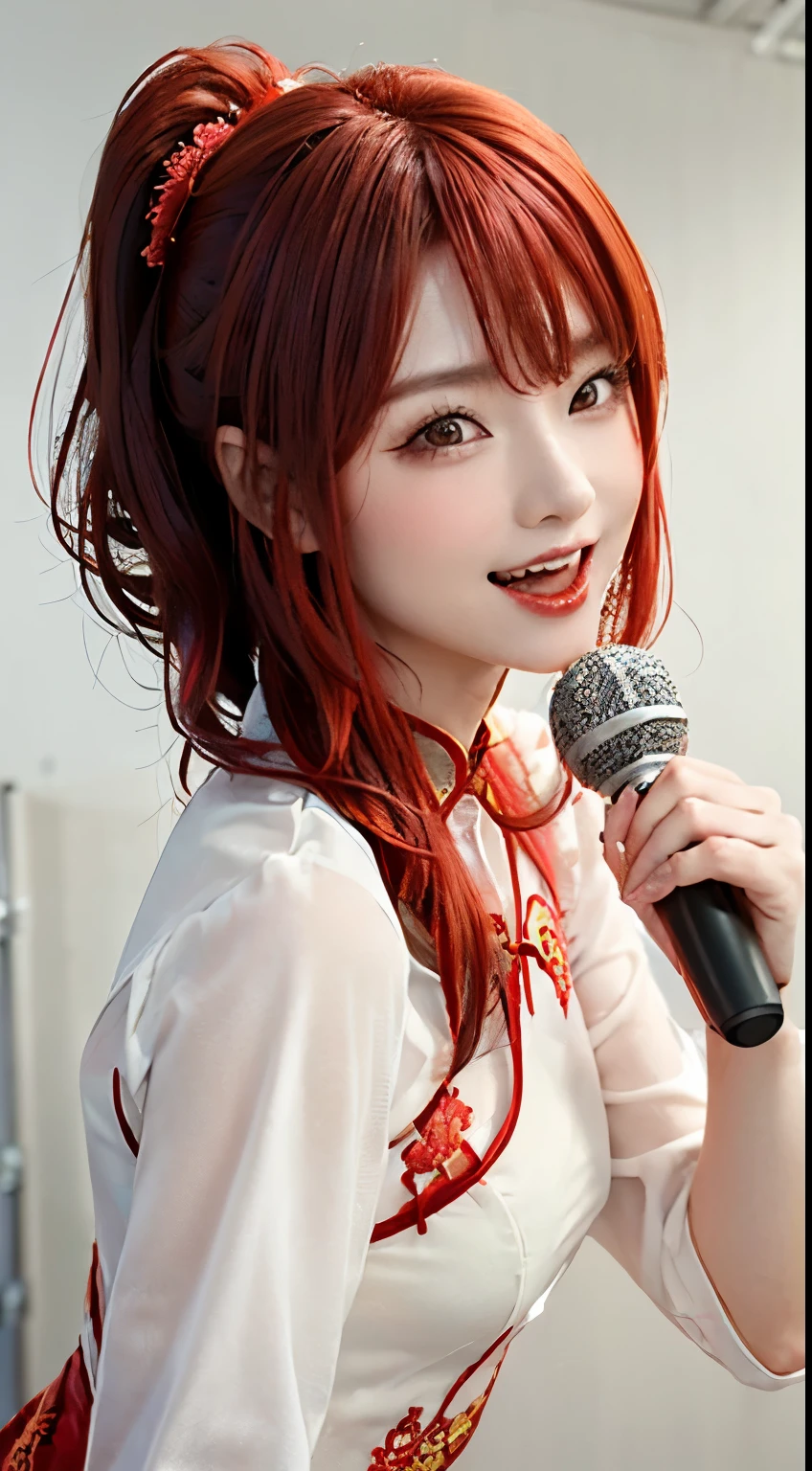 (((red cheongsam、beautiful woman、Red hair、Hairstyle is side ponytail、Singing、I have a microphone、)))、(((The background is a pure white wall)))、bust shot、smile