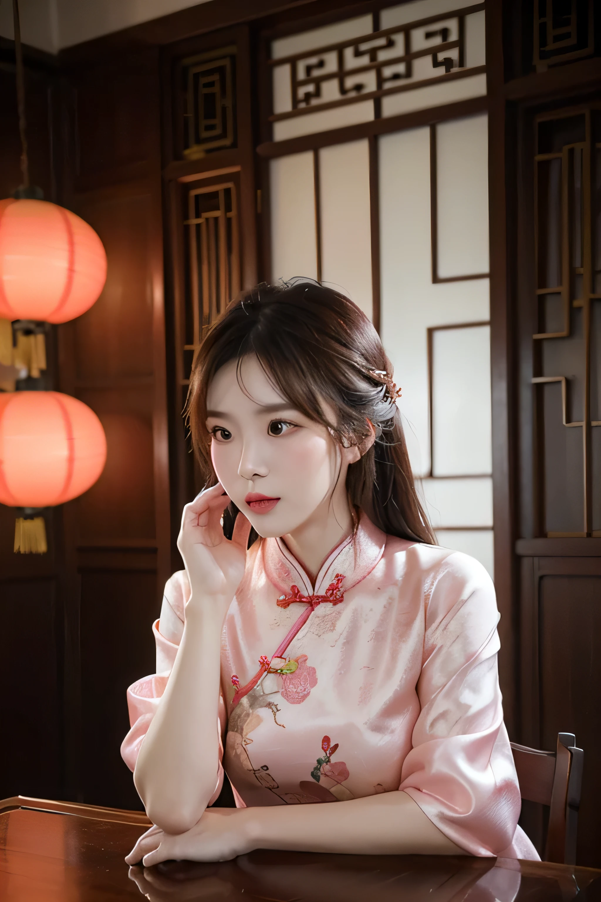 Stable diffusion generates images,women's pink cheongsam,Raise your head,The body has Chinese style decoration。Indoor Chinese style decoration,The background is the atmosphere of the night,Full of retro feel。She missed her lover deeply,Sadness enveloped her heart,medium sized breasts
