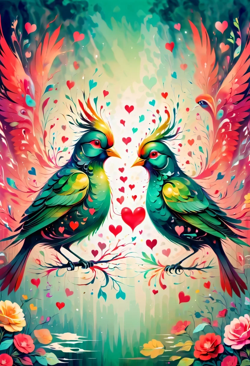 Psychedelic Psychedelic Artwork,Colorful birds and hearts, core style, distorted image form, deep emerald green and crimson, I can'able'Can't believe how beautiful this is, precisionist lines, Fusion elements of reality and fantasy, Psychedelic pattern