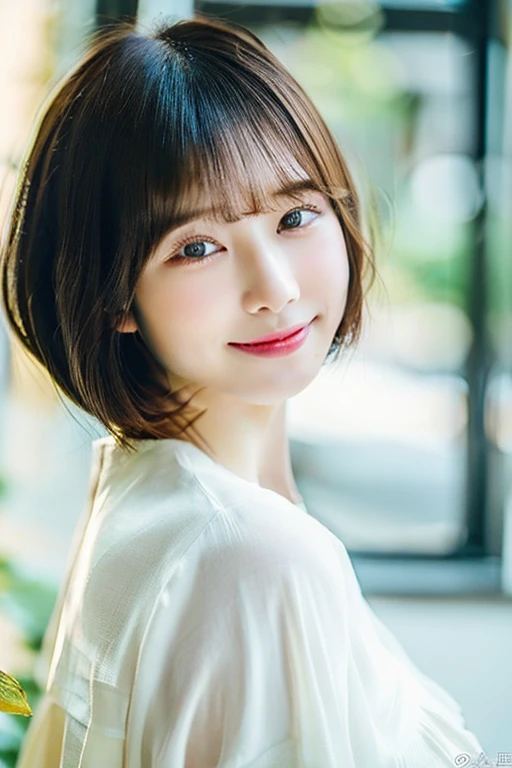 8k、highest quality、masterpiece、超A high resolution、picture、The elegance of beautiful Japanese women、Single-lens reflex camera、There are good ones、A transparent atmosphere、sexy lip、slanted bangs、beautiful face、very short、Bob Cut Cut、short hair、make bangs、smile、natural soft light、1 girl、