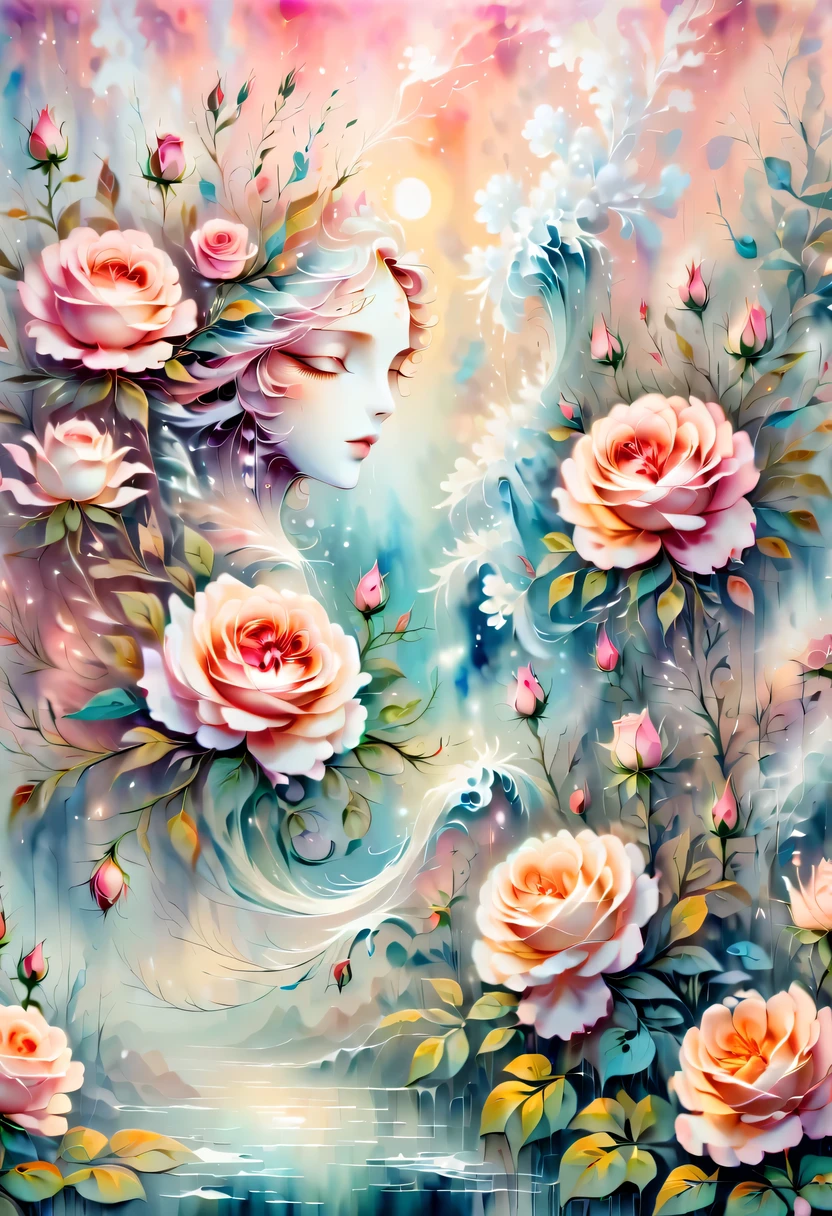 Fancy elegant botanical rose floral maximalism,A wave of fresh garden flowers flows in soft mist pink, water, Soft apricot, Lots of smoke and realistic flower fractals, octane rendering, Josephine fresco, Isabel I went, let, Amy Brown