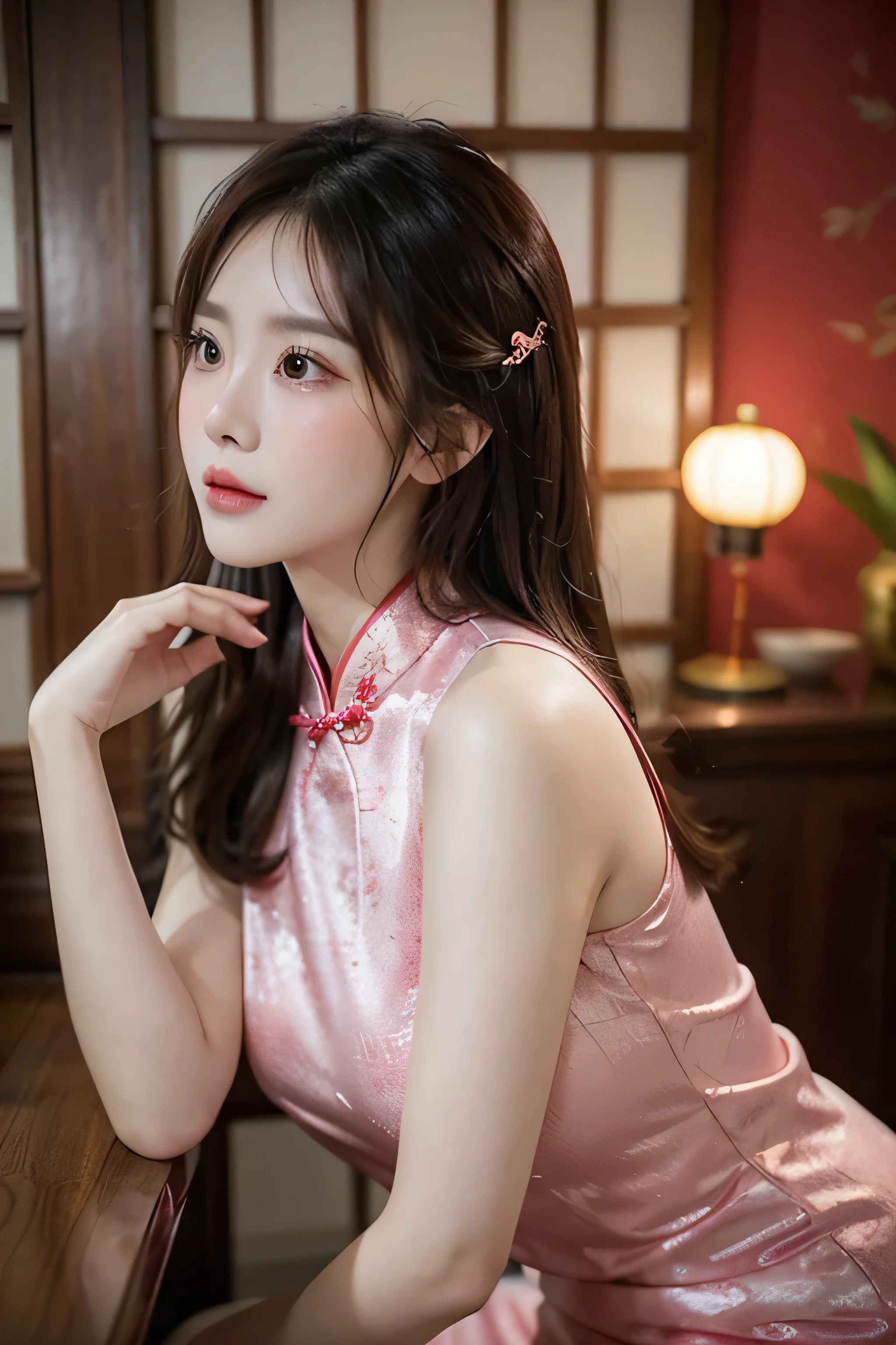 Stable diffusion generates images,women's pink cheongsam,Raise your head,The body has Chinese style decoration。Indoor Chinese style decoration,The background is the atmosphere of the night,Full of retro feel。She missed her lover deeply,Sadness enveloped her heart,medium sized breasts