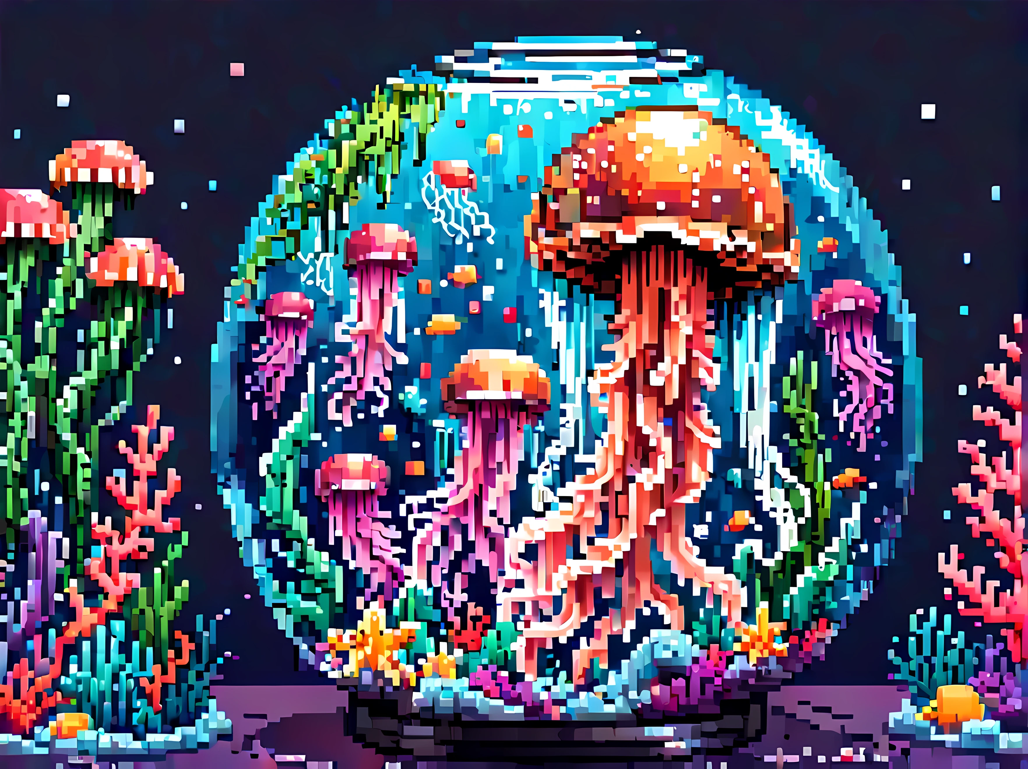 (pixel art:1.4), made of elemental_graffiti, design a enchanting scene featuring majestic jellyfish gracefully floating inside a round aquarium, surrounded by vibrant coral reefs and exotic underwater flora, against the backdrop of abstract blend of cosmic colors and swirling patterns, evoking a sense of mystery and wonder. | ((More_Detail))
