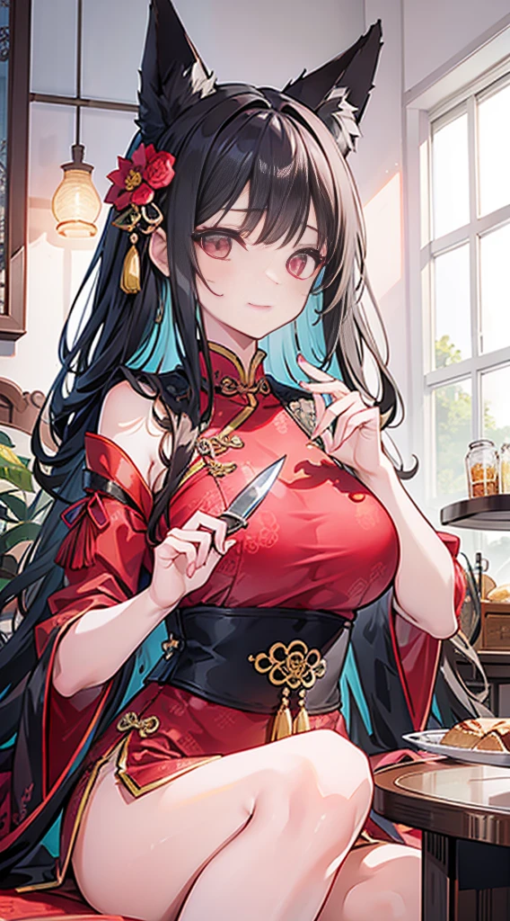 high quality, masterpiece, Super detailed, 1 girl,  Extremely detailed faces,Chinese traditional red lace cheongsam，With a long knife，BDSM,handcuffs，collar，calm expression,Smile，handcuffs，collar，long black hair, charming pink eyes, fox ears, Ridiculously big, shiny skin, bright ruins，ancient city，