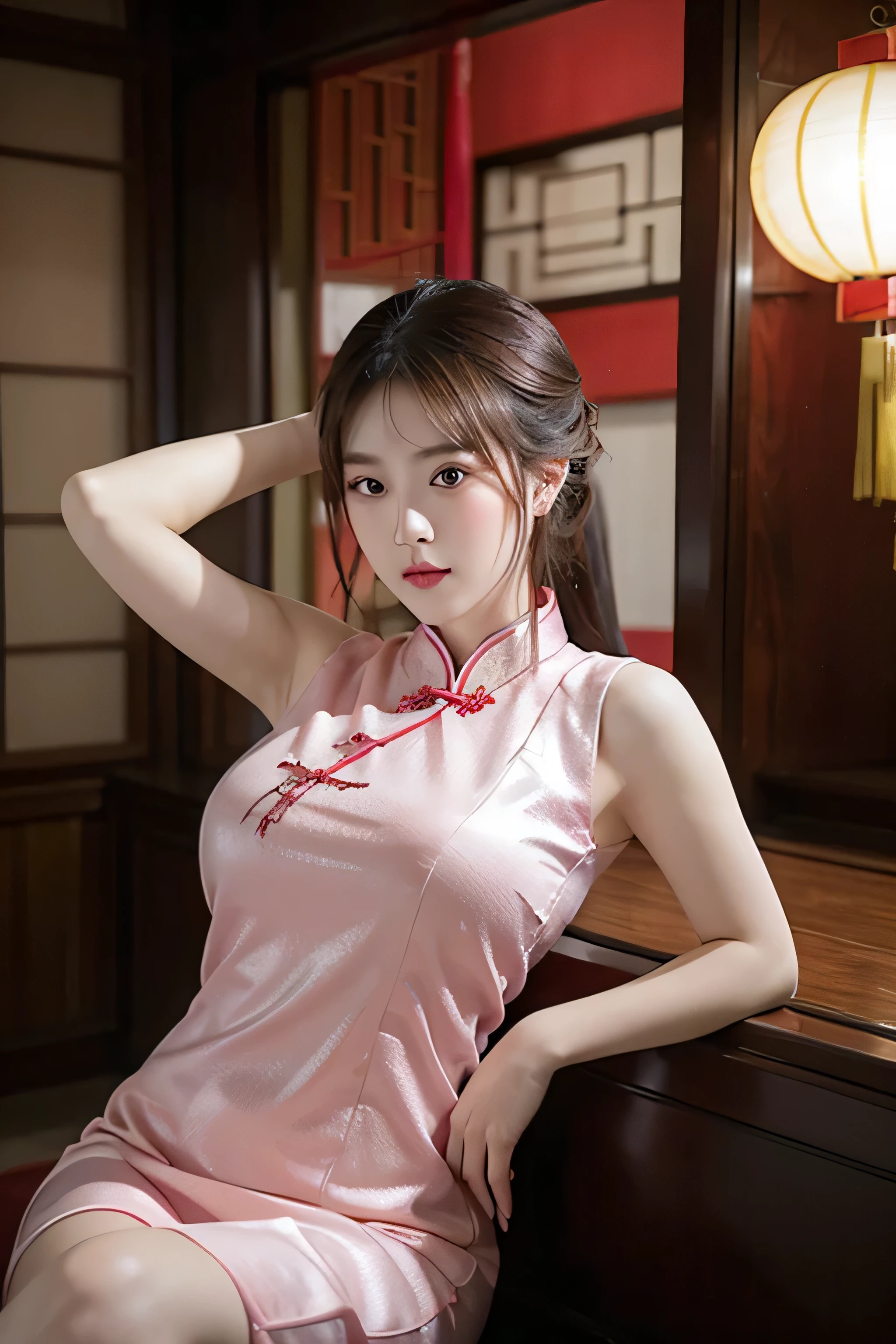 Stable diffusion generates images,women's pink cheongsam,Raise your head,The body has Chinese style decoration。Indoor Chinese style decoration,The background is the atmosphere of the night,Full of retro feel。She missed her lover deeply,Sadness enveloped her heart,medium sized breasts
