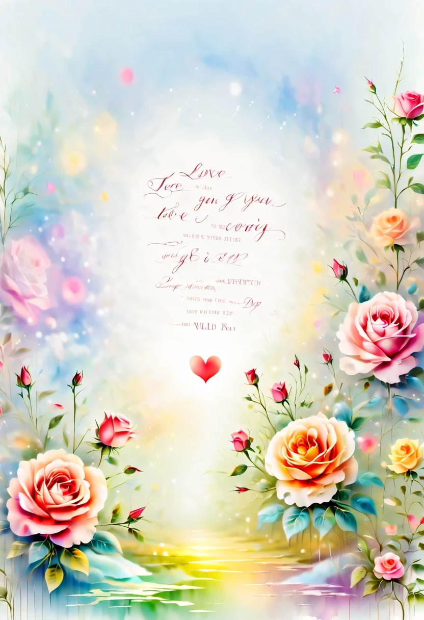 greeting card design:soft,Comfortable,embossed bevel,transparent,3D font design &Quote;I love you&Quote;,Colorful fantasy background,Valentine's Day's day's day theme,Rose