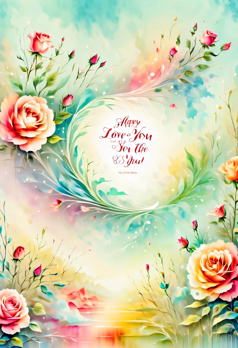 greeting card design:soft,Comfortable,embossed bevel,transparent,3D font design &Quote;I love you&Quote;,Colorful fantasy background,Valentine's Day's day's day theme,Rose