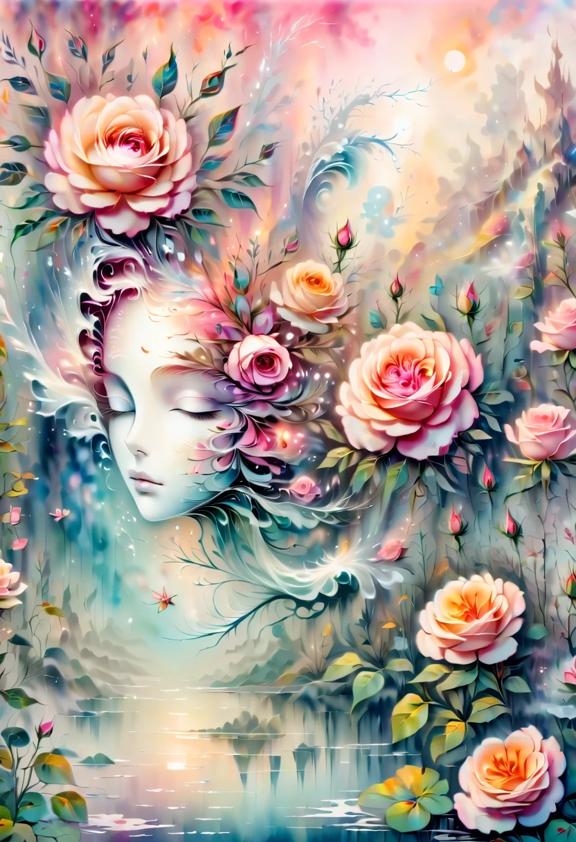 Fancy elegant botanical rose floral maximalism,A wave of fresh garden flowers flows in soft mist pink, water, Soft apricot, Lots of smoke and realistic flower fractals, octane rendering, Josephine fresco, Isabel I went, let, Amy Brown