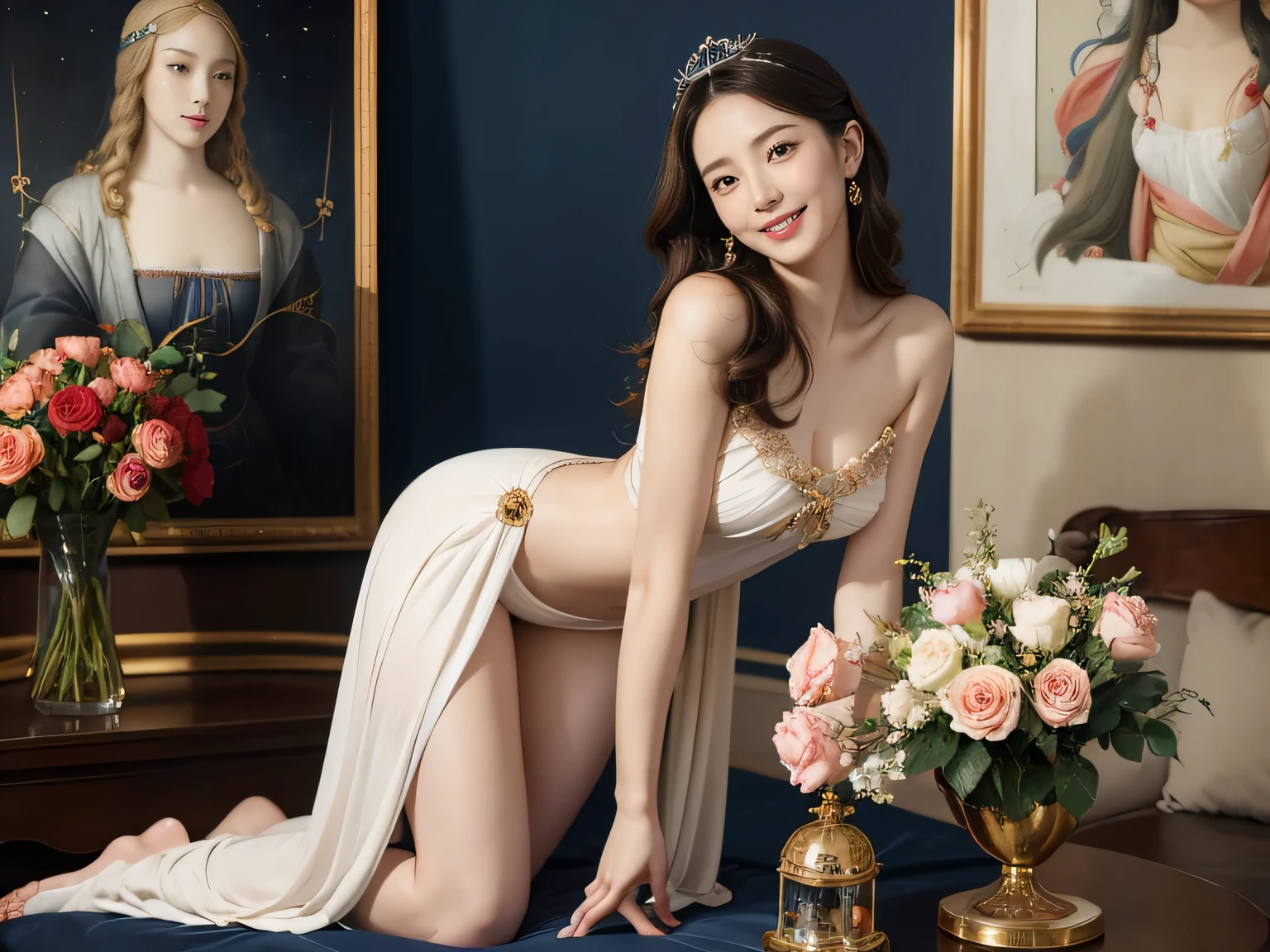 full body portrait or statue、Vigée Leblanc style、math、astronomical machine、astronaut、roses in vase、fruits、Cute trinkets、smile、ancient greek costume、Sandro Botticelli paintings、Clothes that stretch your shoulders、A big smile、expression of ecstasy、sexy、beautiful bare skin、A detailed representation of the seducing woman throughout her body.