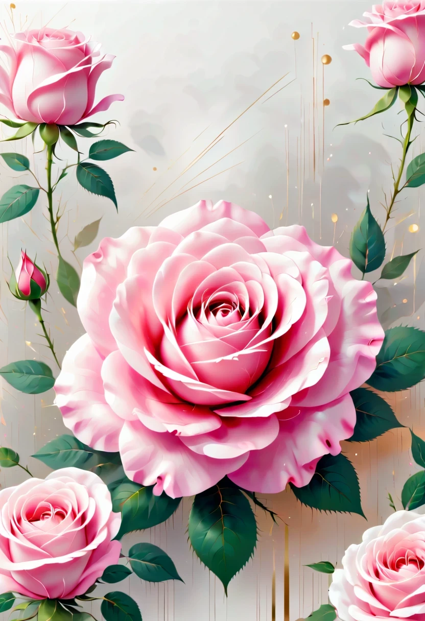 Abstract pink rose，wallpaper，Flat design style，complicated，clear details，Has a small amount of metallic linear color，white clean background，