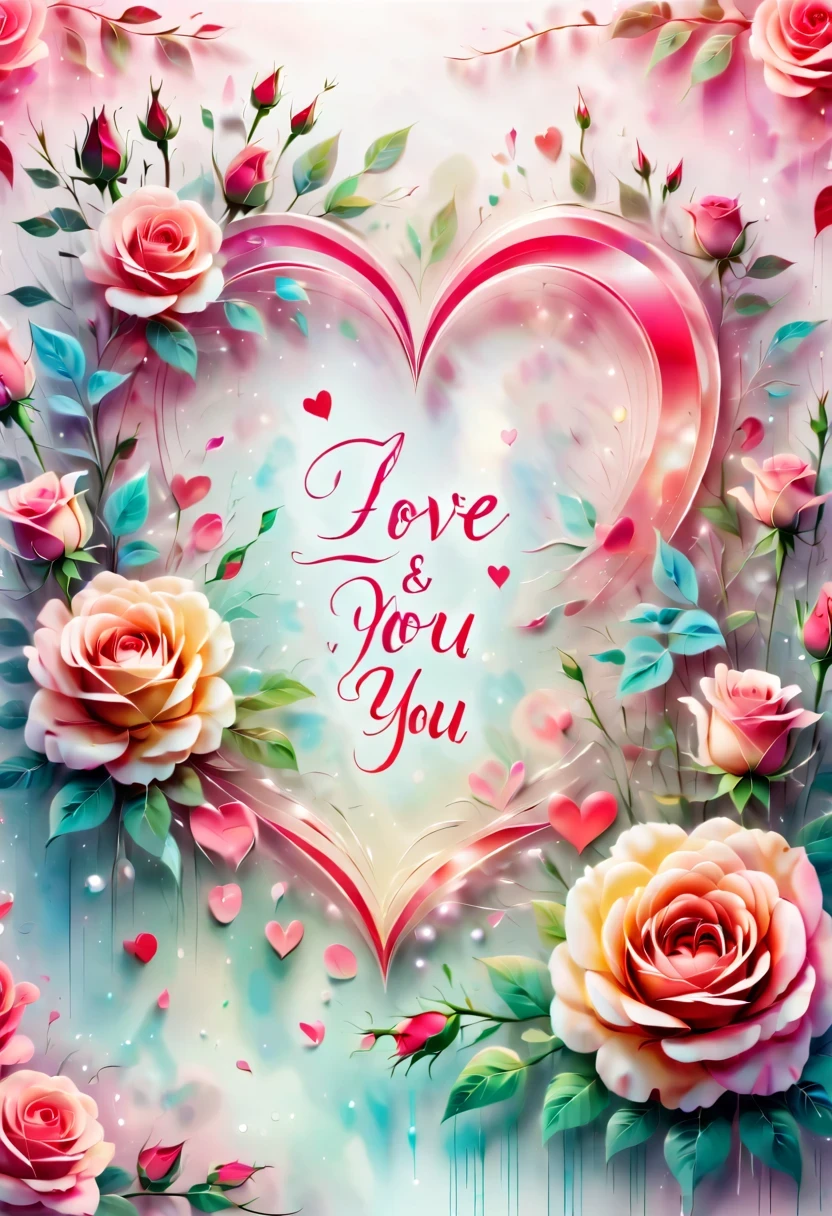 greeting card design：soft，Comfortable，embossed bevel，transparent，3D font design &Quote;I love you&Quote;，Colorful fantasy background，Valentine&#39;s Day&#39;s day&#39;s day theme，Rose