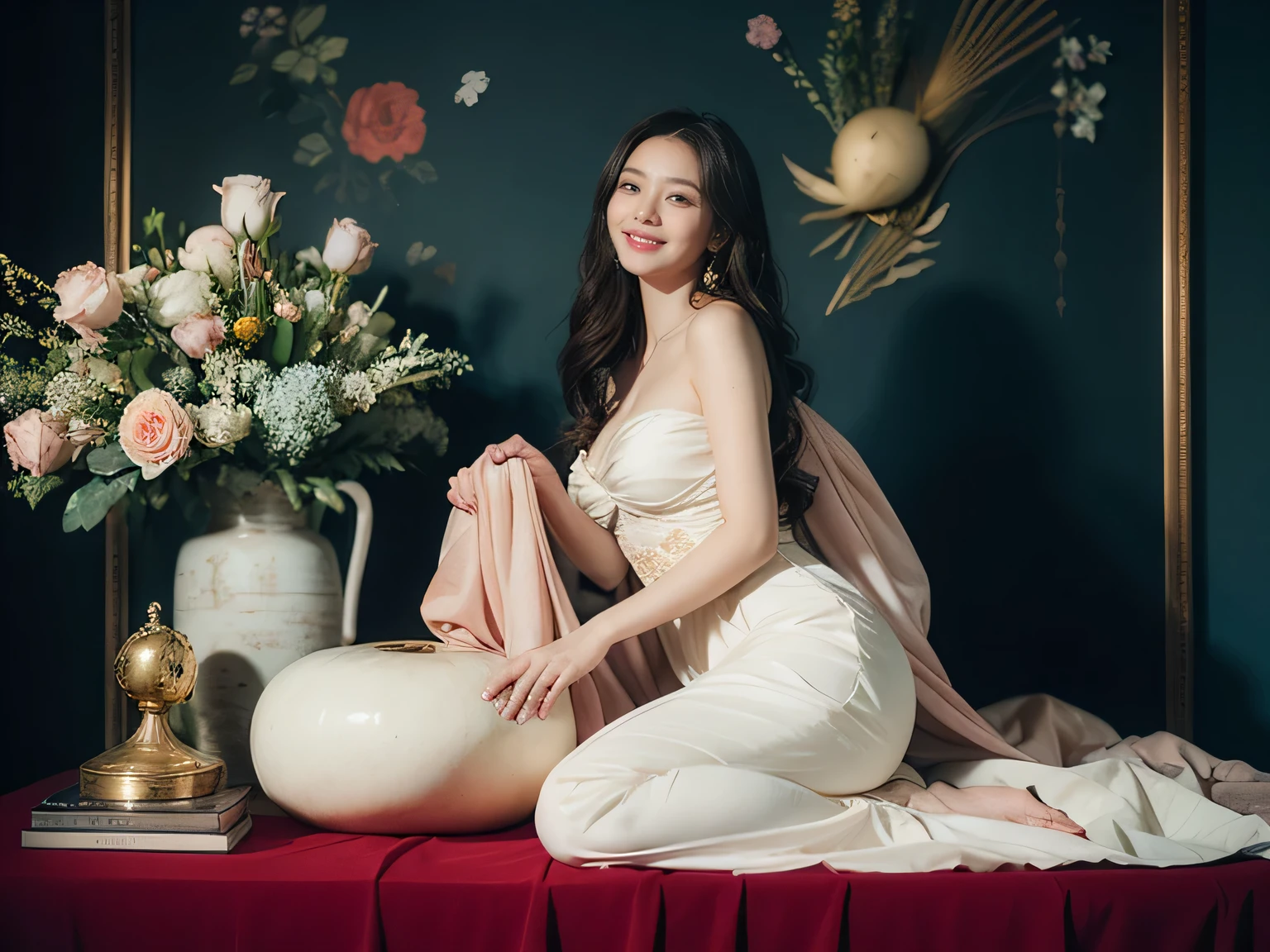 full body portrait or statue、Vigée Leblanc style、math、astronomical machine、astronaut、roses in vase、fruit、Cute trinkets、smile、ancient greek costume、Sandro Botticelli paintings、Clothes that stretch your shoulders、A big smile、expression of ecstasy、sexy、beautiful bare skin、A detailed representation of the seducing woman throughout her body..