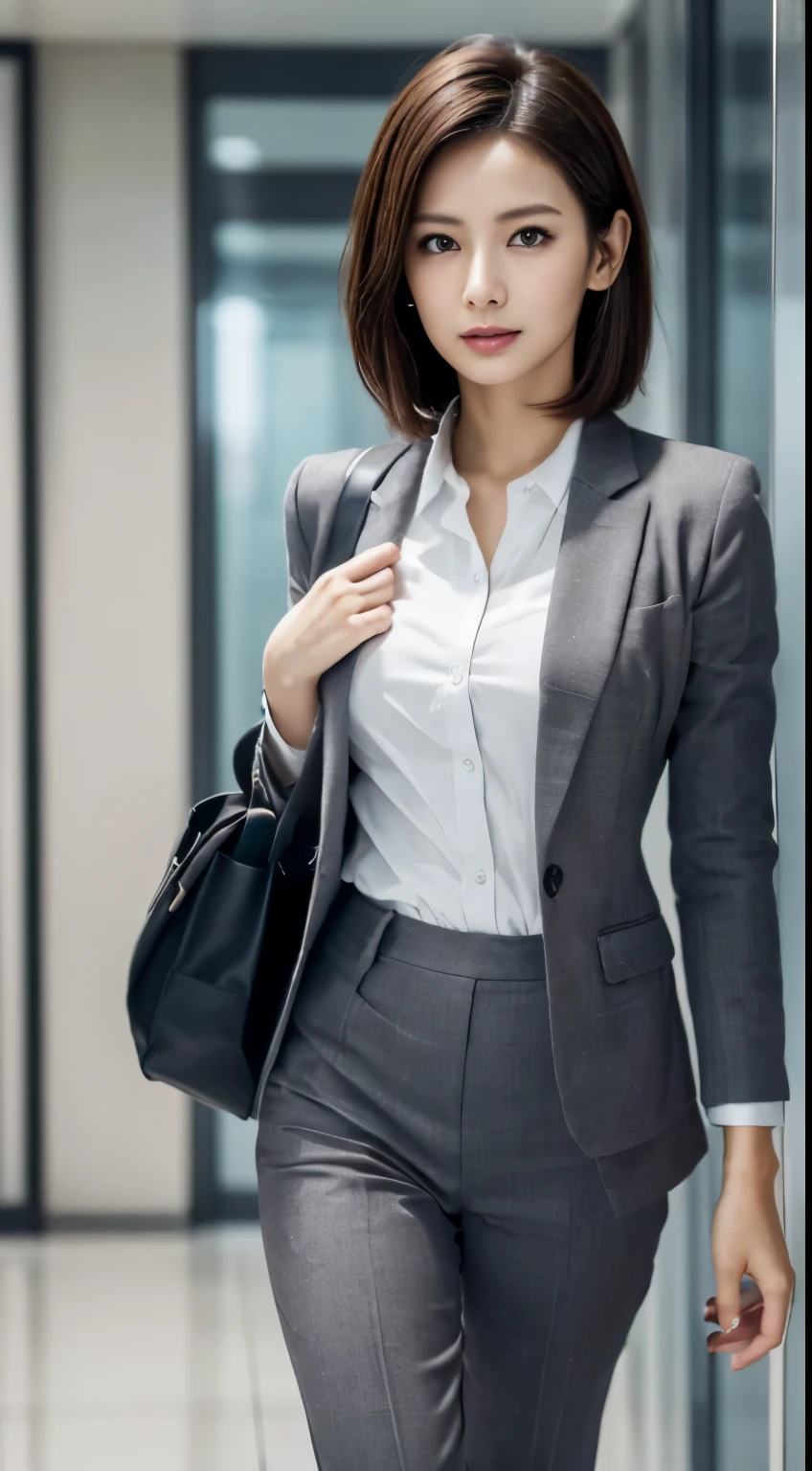 Photorealistic beautiful nurse、amazingly beautiful、((stylish suit、Business Pants))、(highest quality、8k、32K、masterpiece、nffsw:1.3)、ultra high resolution,(Photoreal:1.4),RAW photo, detailed face,,beautiful hair、very short hair 、nipple、 natural makeup,, small perfect breasts、(walk through the hospital lobby), detailed background, perfect lighting, Depth of written boundary, beautiful shadow gradation,((business bag)) ,、thin limbs、thin thighs、(whole body)、