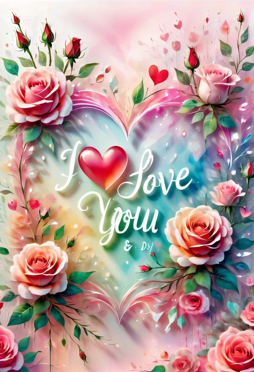 greeting card design：soft，Comfortable，embossed bevel，transparent，3D font design &Quote;I love you&Quote;，Colorful fantasy background，Valentine&#39;s Day&#39;s day&#39;s day theme，Rose