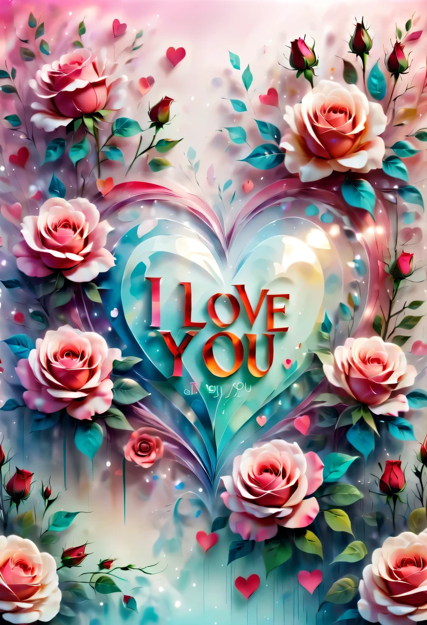 greeting card design：soft，Comfortable，embossed bevel，transparent，3D font design &Quote;I love you&Quote;，Colorful fantasy background，Valentine&#39;s Day&#39;s day&#39;s day theme，Rose