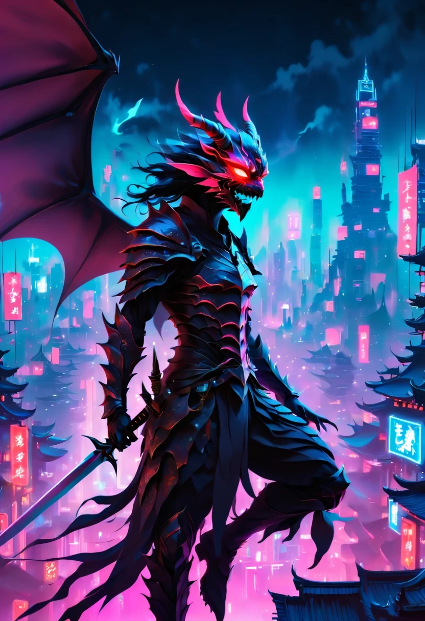 恶灵knight骑哈雷戴维森，high quality，best quality，real，Surreal，Super details,masterpiece，high resolution，8k，Very realistic，Hellbringers，Black-scaled youkai, Black-scaled youkai，red eye moonlight，a close up of a person with a sword and a demon, dragon scale, Dark black scaly yokai，Demon bat wings，Epic fantasy digital art style, 恶魔Black-scaled youkai, knight, and Mumford Tom Bagshaw...., dark fantasy style art, epic fantasy art style, 龙knight, dark fantasy art style, Shadow scales, epic fantasy art style HD, 黑暗幻想number艺术，"artistic image type: {Perched atop a cybernetic dragon, Masked woman investigates the vast cyber metropolis below. mask, Incorporate neon lights, Contrast her technically enhanced body, Embedded LEDs and retractable technology weapons shine. In a striking pose, She seems ready for action, A fusion of ancient legends and future visions}, 龙knight Ghost, Excellent location，city View, (Vibrant neon lights:1.5), (number:1.25), (4k:1.2). environment: panoramic view of a city，Bats fly across the skyline."