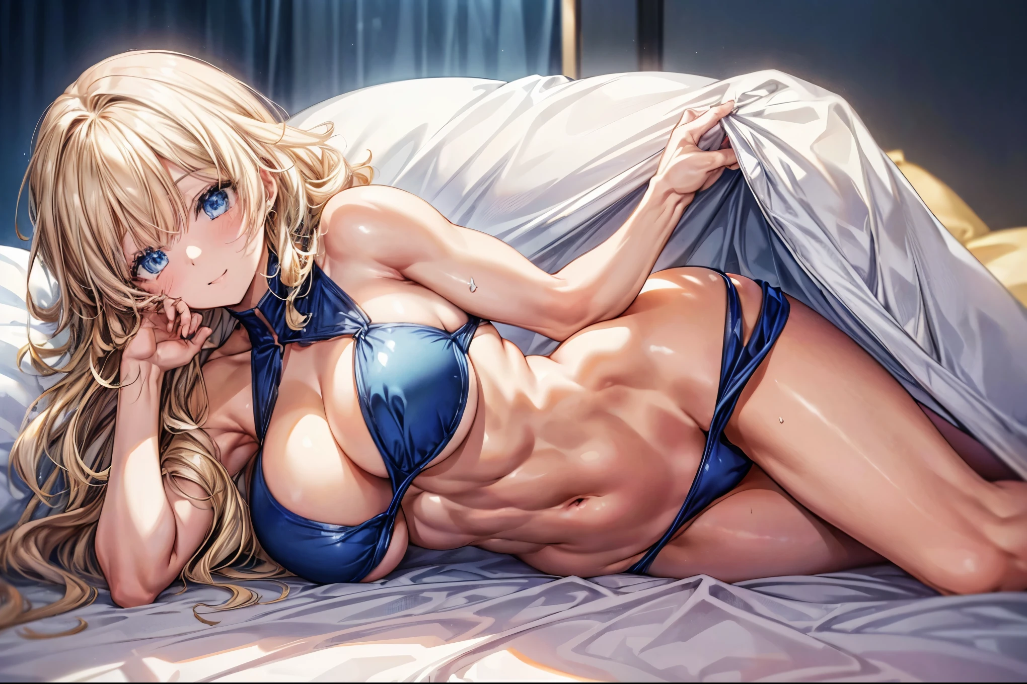 sensual, ((long blonde curly hair)), thick thighs, 8K, 4K, highest quality, High resolution:1.2), cute anime face, noise reduction, ((shining blue eyes, gentle smile, kind eyes))、toned abdominal muscles, muscular arms, muscular legs, young face, anime eyes, (((big breasts、Breasts that are about to burst)))、(((whole body)))、wearing a thong、lie down on the bed