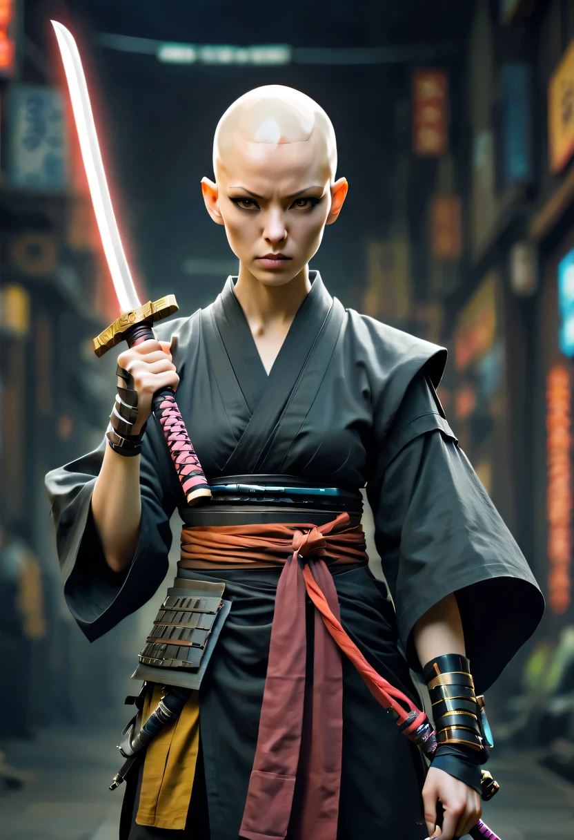 Samurai sword，sh4g0d style cyberpunk female warrior，(bald，monk:1.2),bushido,robe