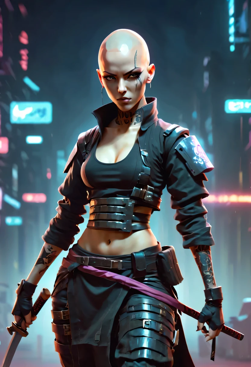 sh4g0d风格赛博朋克女战士，bald，monk,bushido