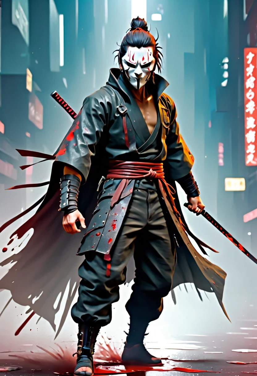 sh4g0d风格赛博朋克武士，(cape mask:1.2),(Strong dynamic stance:1.5)，(struggle:1.3)，(blood spatter)，Strong，His face is very determined， 8k, super detailed, precise, best quality