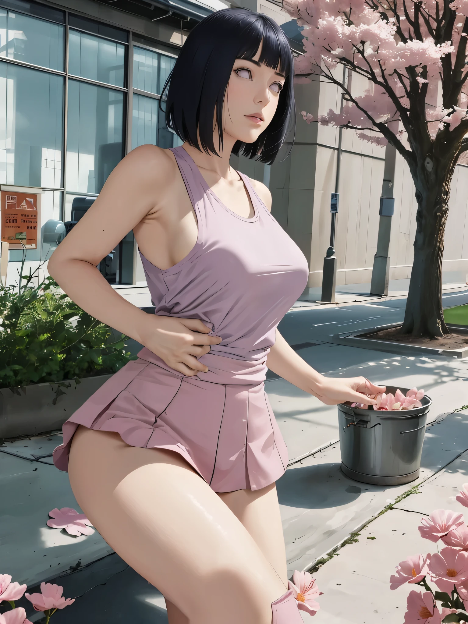 (((full nude)))),Show your armpits,masterpiece, disorganized, ninja clothes,Hinata\(bolt\), 1 girl, alone,mature woman, looking at the viewer, (falling petals), perfect composition, be familiar with lips, big breasts, beautiful face, body proportions, blush, (pink lips), long hair, purple eyes, gentle gaze, surreal, be familiar with, photo shoot, realistic face and body,
