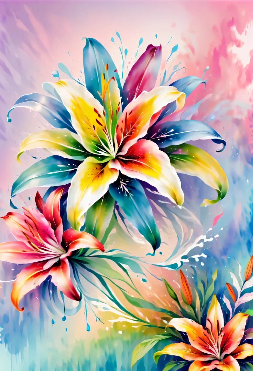 Abstract rainbow lily, wallpaper, Flat design style, splash, rich and colorful, complicated