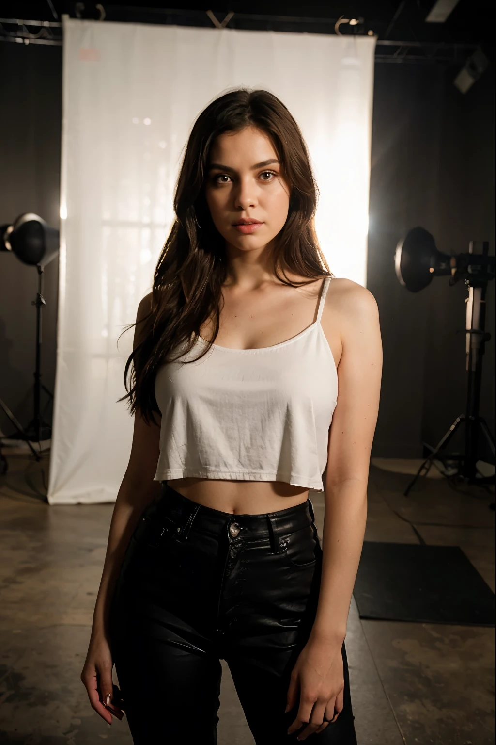 A portrait of a Burnette woman standing in a modern studio with dramatic lighting.