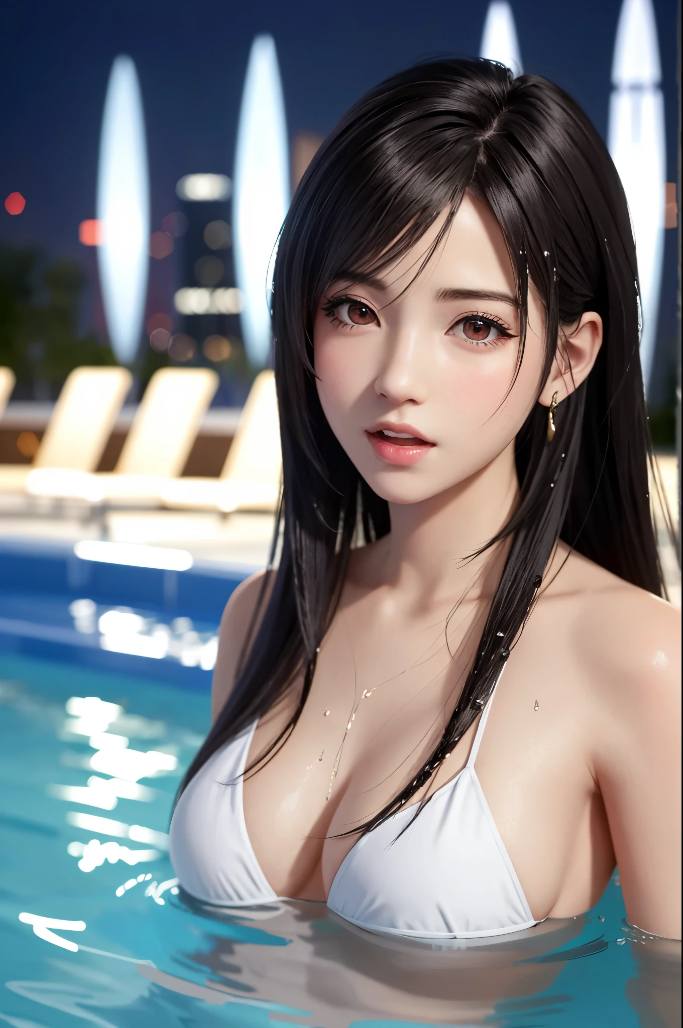 {top quality, masterpiece}, (Realistic: 1.3), wallpapers, BREAK {{{FF7,Tifa_lockhart,solo}}},{{{erotic ,sexy}}},Floating on water, lying, go into the pool, Ultra-detailed face, Detailed eyes, Red eyes, BREAK (((FF7,Tifa_lockhart))),{black brown hair, Large breasts}, BREAK ,{{Marina Bay Sands, Infinity pool, Infinity edge pool, background}},{{pool, pool side, neon light, square shape, night, night pool}},{{{wearing a gold micro-bikini:1.5}}},{no bra, no panties, Small and beautiful hard nipple}, About 18 years old, kawaii, {{{erotic eyes, erotic mouth, erotic face}}}, aroused:1.2, {open mouth:1.1}, (wet body:1.3) , 