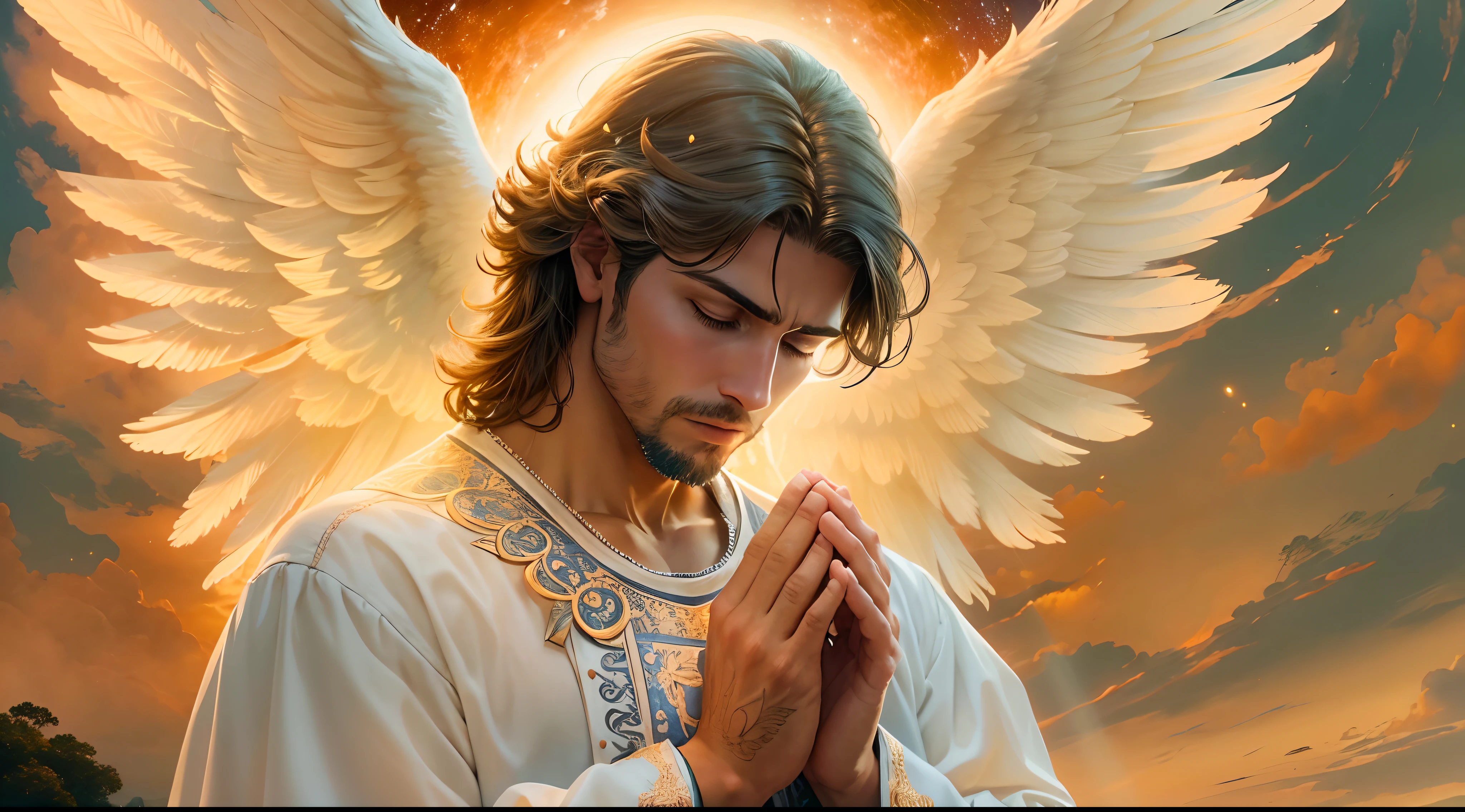 Close-up of an image of a male angel praying and blessing, arcanjo homem com asas grandes, o anjo da fortuna, perfeito, reslística, Biblical setting, heavenly scenery, sol e nuvens ultras realistas, flores e velas, enlightened archangel of heaven, Passes em segundo plano, flores coloridas, velas acesas, roupas brancas e vermelhas