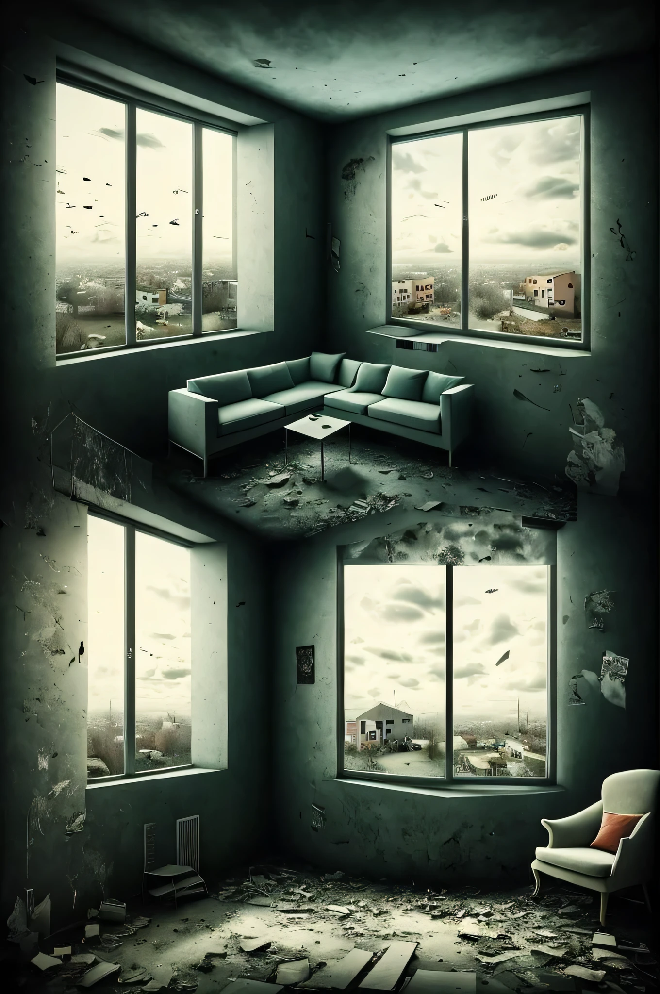 a happy head is in the apartment seated in the sofa looking around to the abandoned place with the sky and clouds penetrating inside the apartment, beautiful surreal background with objects from former times glued to the walls and floating embbeded in the image, Super-detailed, Ultra-realistic, Studio Quality, 48k / HD, High Contrast, hyper Realistic Shadows, octane Rendering, Sharp Focus