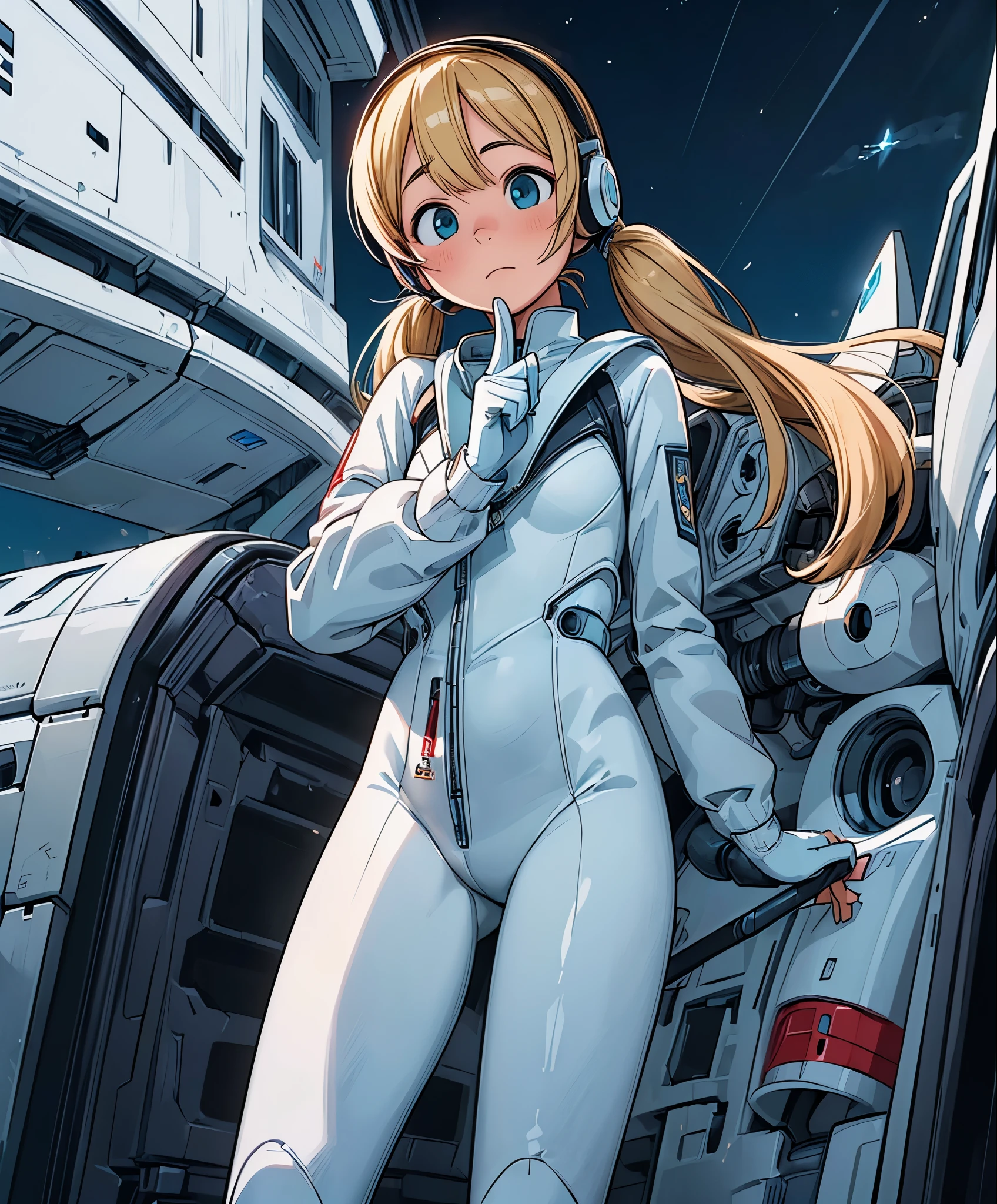 (masterpiece、highest quality、highest quality、official art、beautiful beautiful:1.2)、(1 girl:1.3)Hatsune Miku、twin tails,(Helicopter shot), dynamic english, super detailed, figure, close, in a straight line, 1 girl, new,
 ((interface headset, red bodysuit: 1.4, blonde),Seus olhos brilharam como estrelas dreameras,(bright eyes:1.233),(beautiful and detailed eyes:1.1),(No expression, close your mouth),(Are standing), 
(Mechanical room with tools and spaceship windows on white spaceship),
(night: 1.2), dreamer, [[delicate fingers and hands: 0.55]::0.85],(finger details),