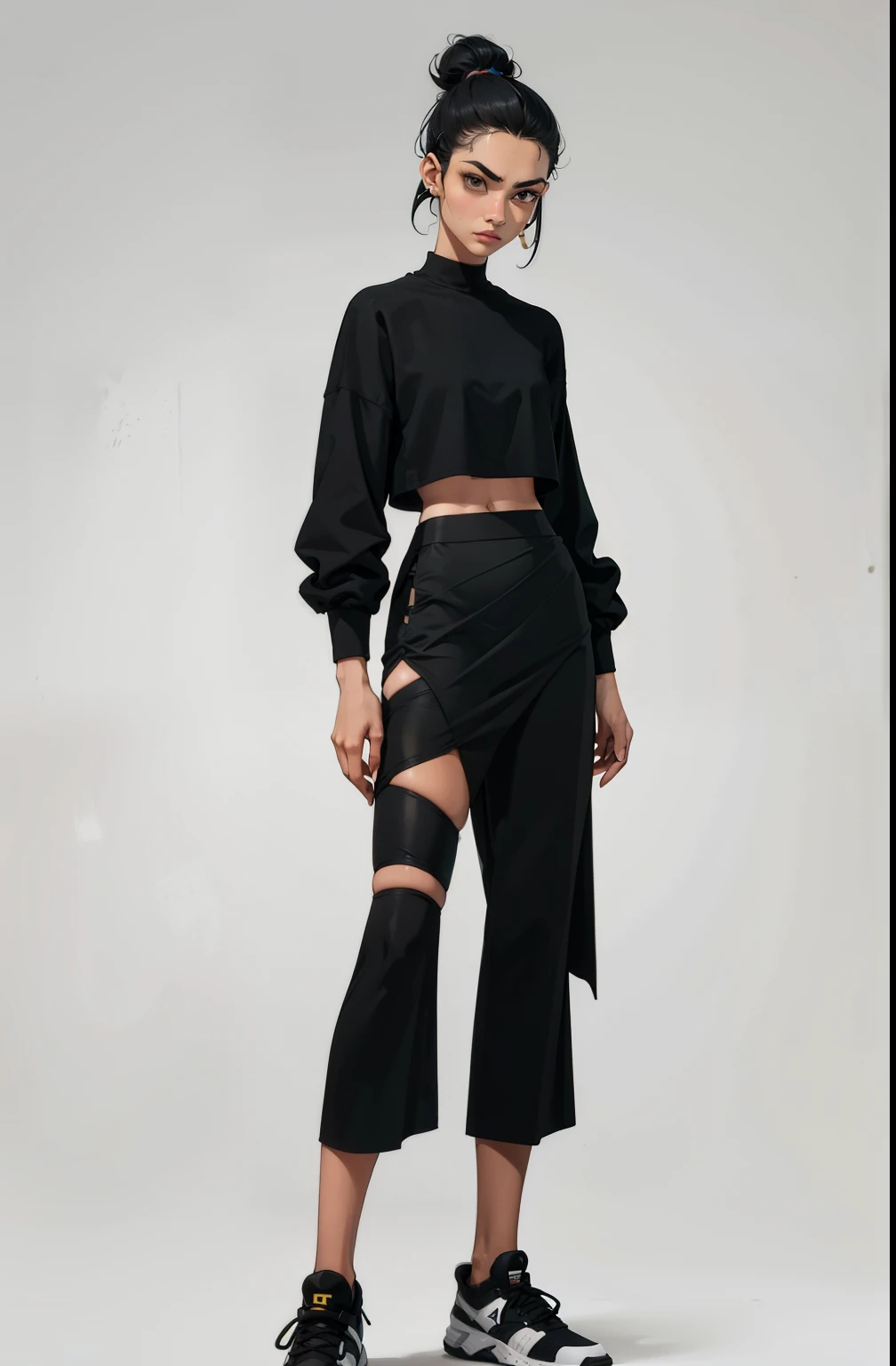 topknot, mascara, Lips are soft or colored, fundo preto simples, minimalismo, monotone, paletas de cores vivas, limpo, Crisp drawings, silhuetas fluidas, Streetwear skirts and pants, Asymmetric, geometric, Simple and minimalist accessories, Designs diferentes, silhuetas simples, estilo de rua, streetwear, fundo liso, simple lighting, moda streetwear, Folha de modelo