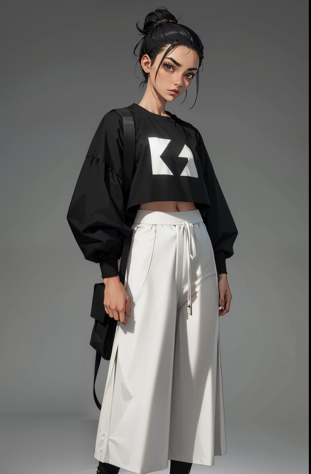 topknot, mascara, Lips are soft or colored, fundo preto simples, minimalismo, monotone, paletas de cores vivas, limpo, Crisp drawings, silhuetas fluidas, Streetwear skirts and pants, Asymmetric, geometric, Simple and minimalist accessories, Designs diferentes, silhuetas simples, estilo de rua, streetwear, fundo liso, simple lighting, moda streetwear, Folha de modelo