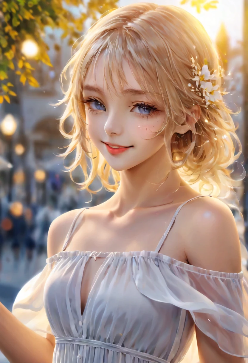 best quality, masterpiece, high resolution, 1 girl, White chiffon flared short dress, Smile, shut your mouth,lips, long golden hair, Exquisite and beautiful eyes,slender eyelashes, pretty face,more than_Body, Tyndall effect,lifelike, edge lighting, two color lights,(High detail skin:1.2), 8K Ultra HD, SLR camera, soft light, high quality, Volumetric lighting, admit, photo, high resolution, 4k, 8k, Bokeh, in the center of the city, afternoon