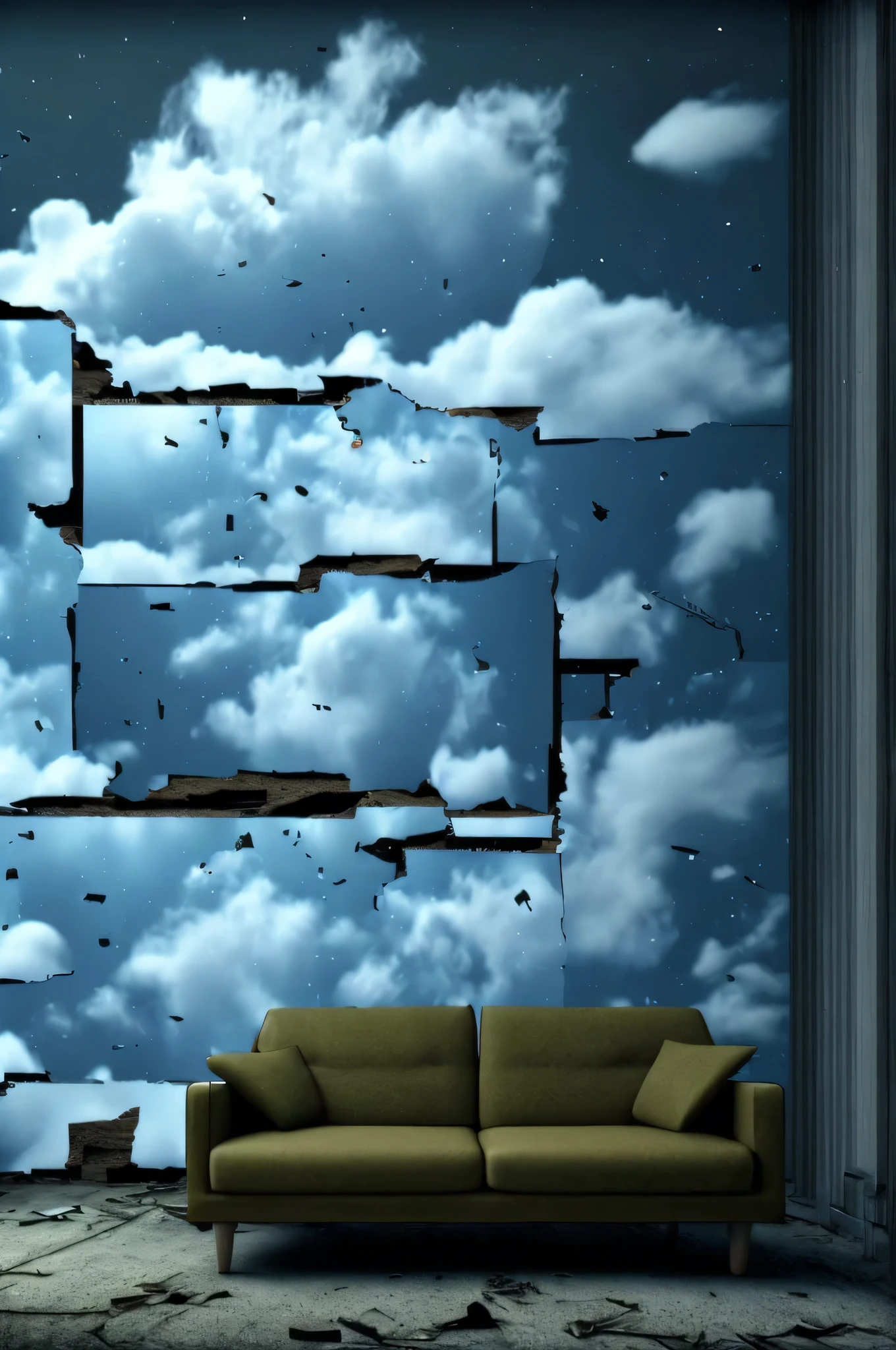 a happy head is in the apartment seated in the sofa looking around to the abandoned place with the sky and clouds penetrating inside the apartment, beautiful surreal background with objects from former times glued to the walls and floating embbeded in the image, Super-detailed, Ultra-realistic, Studio Quality, 48k / HD, High Contrast, hyper Realistic Shadows, octane Rendering, Sharp Focus